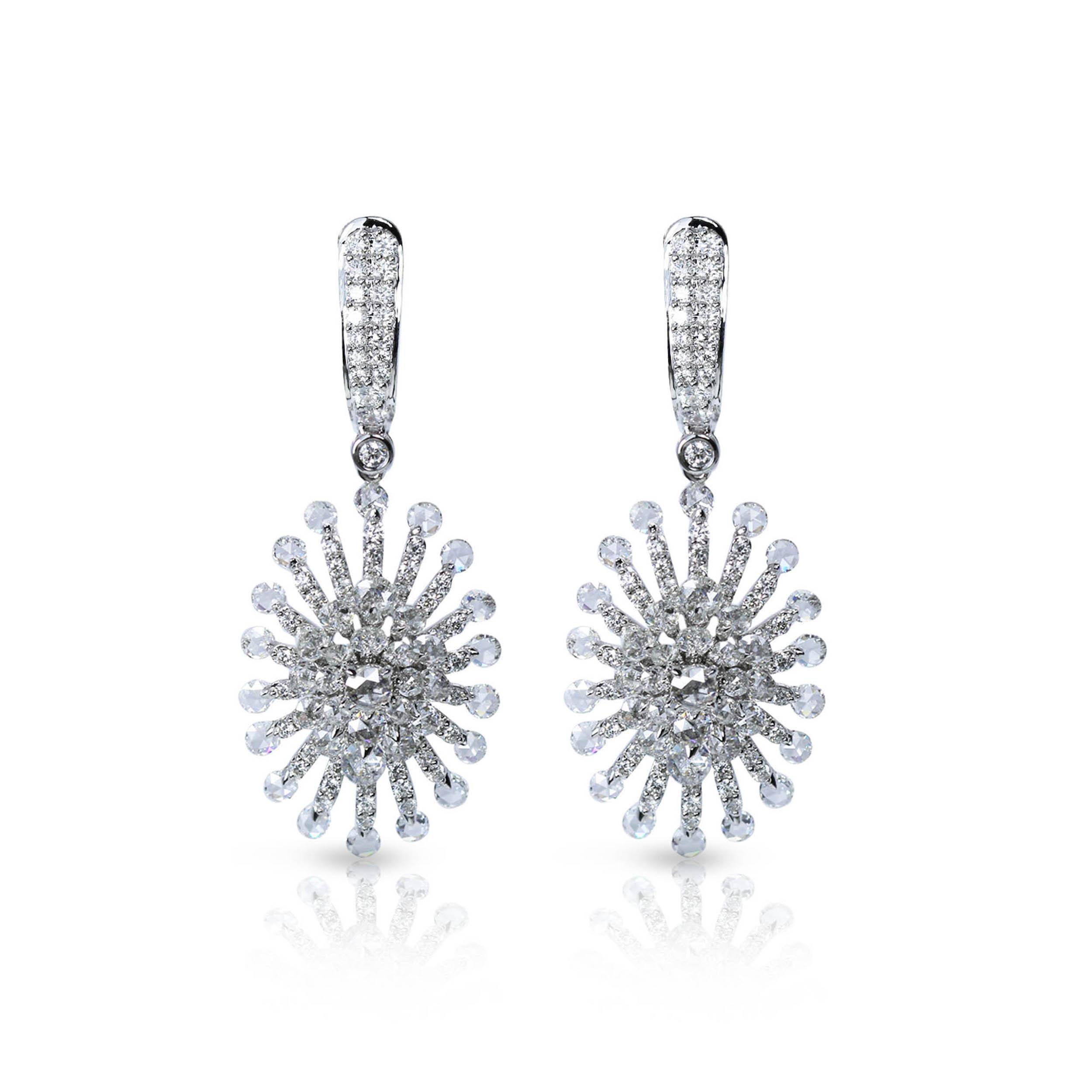Diamond earrings

The power of the sun and its essence is carefully captured in this pair of earrings crafted using 18K white gold and studded with round rosecut and round brilliant cut diamonds set in a pave and drill setting. Don this captivating