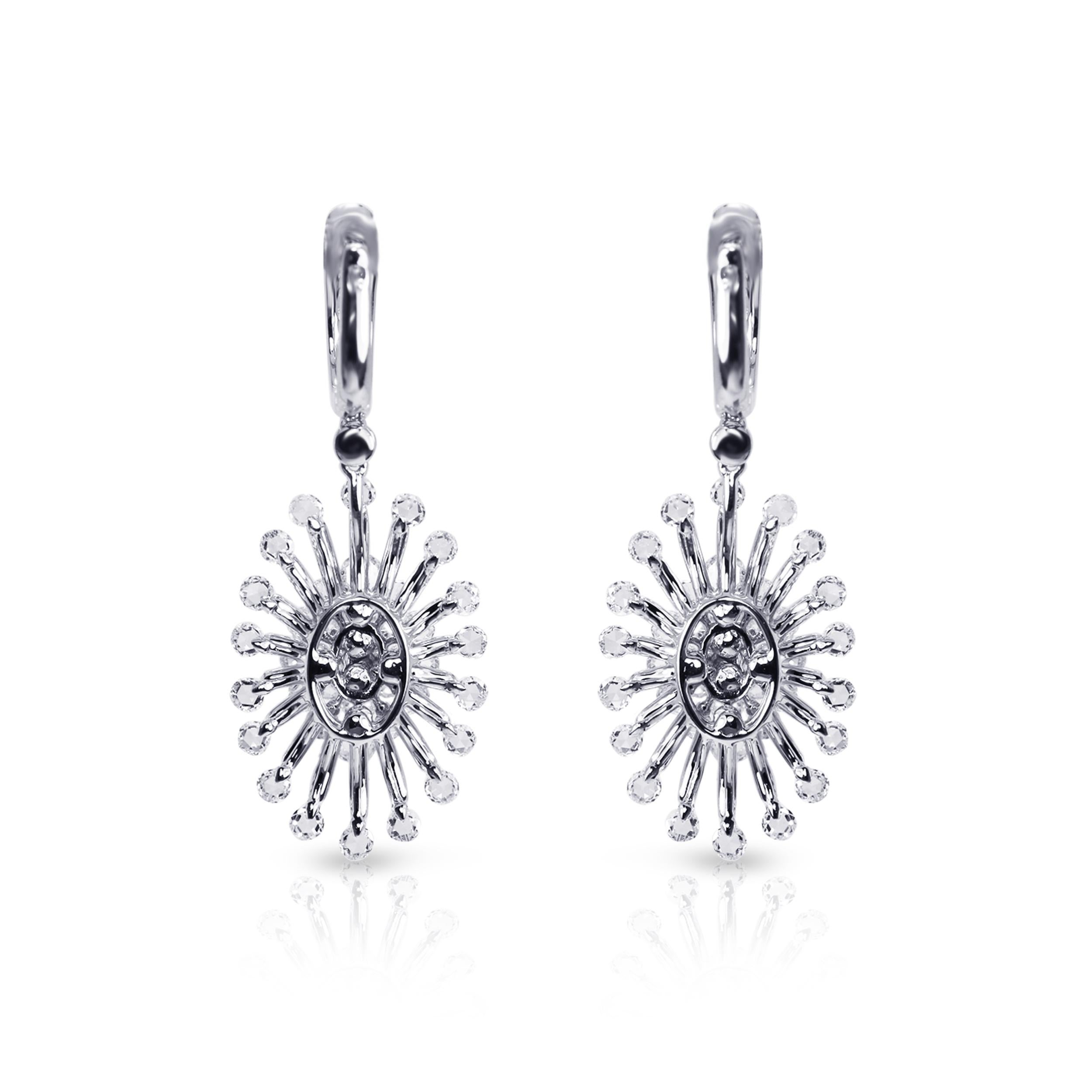 Round Cut Studio Rêves 18 Karat White Gold and Diamonds Sun Dangling Earrings For Sale