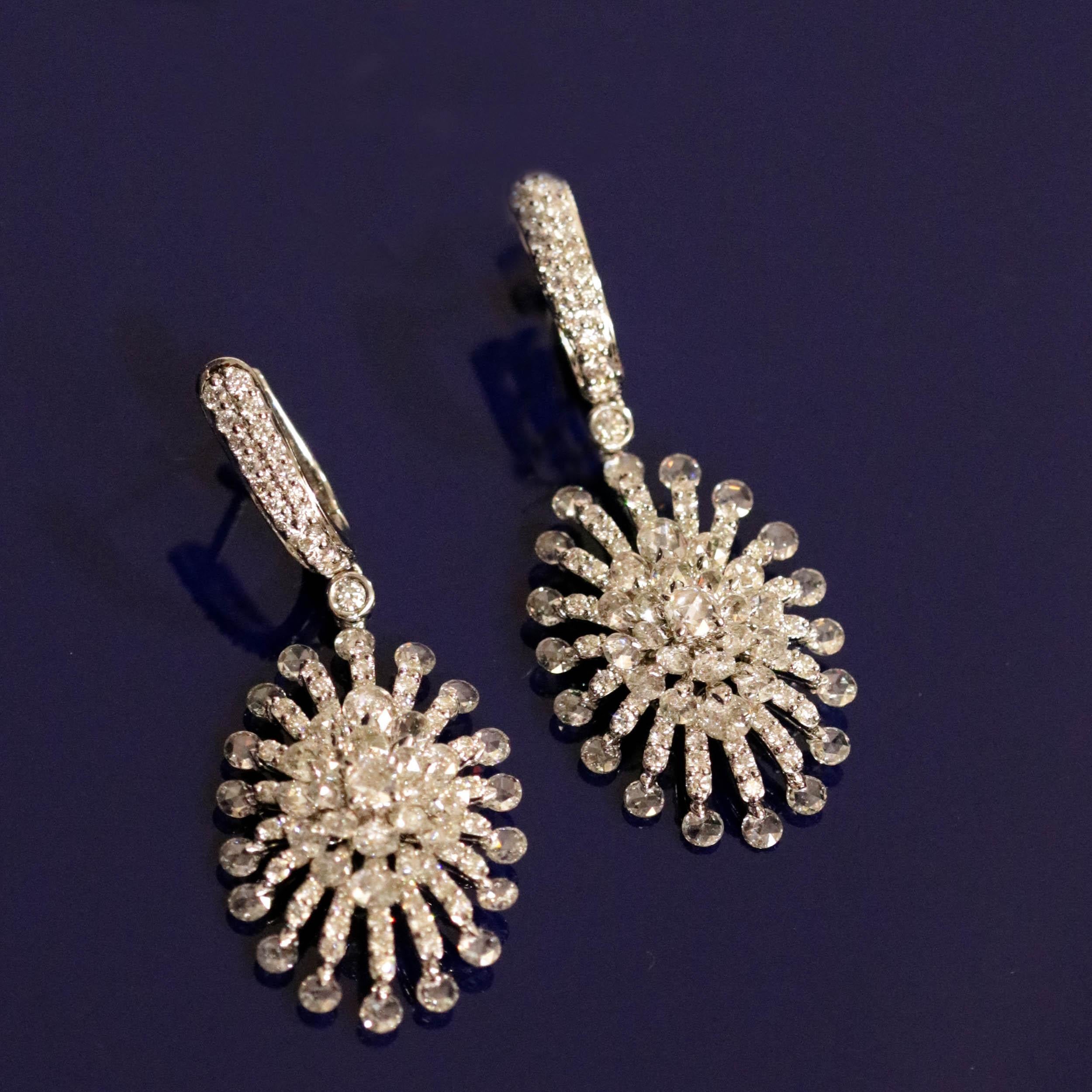 Studio Rêves 18 Karat White Gold and Diamonds Sun Dangling Earrings For Sale 2