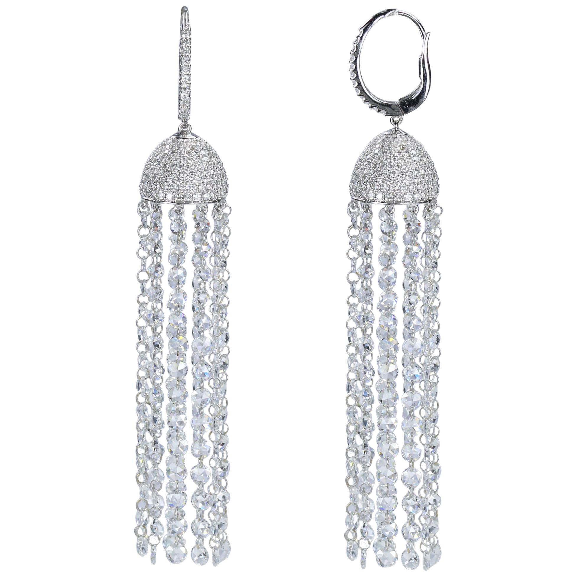 Studio Rêves 18 Karat White Gold and Rose Cut Waterfall Dangling Earrings