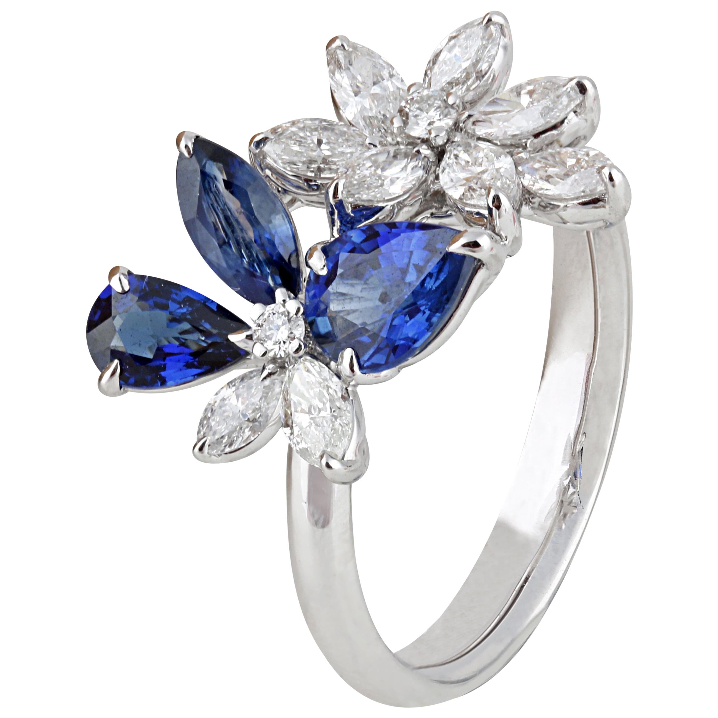 Studio Rêves 18 Karat White Gold Diamonds and Blue Sapphire Butterfly Ring For Sale