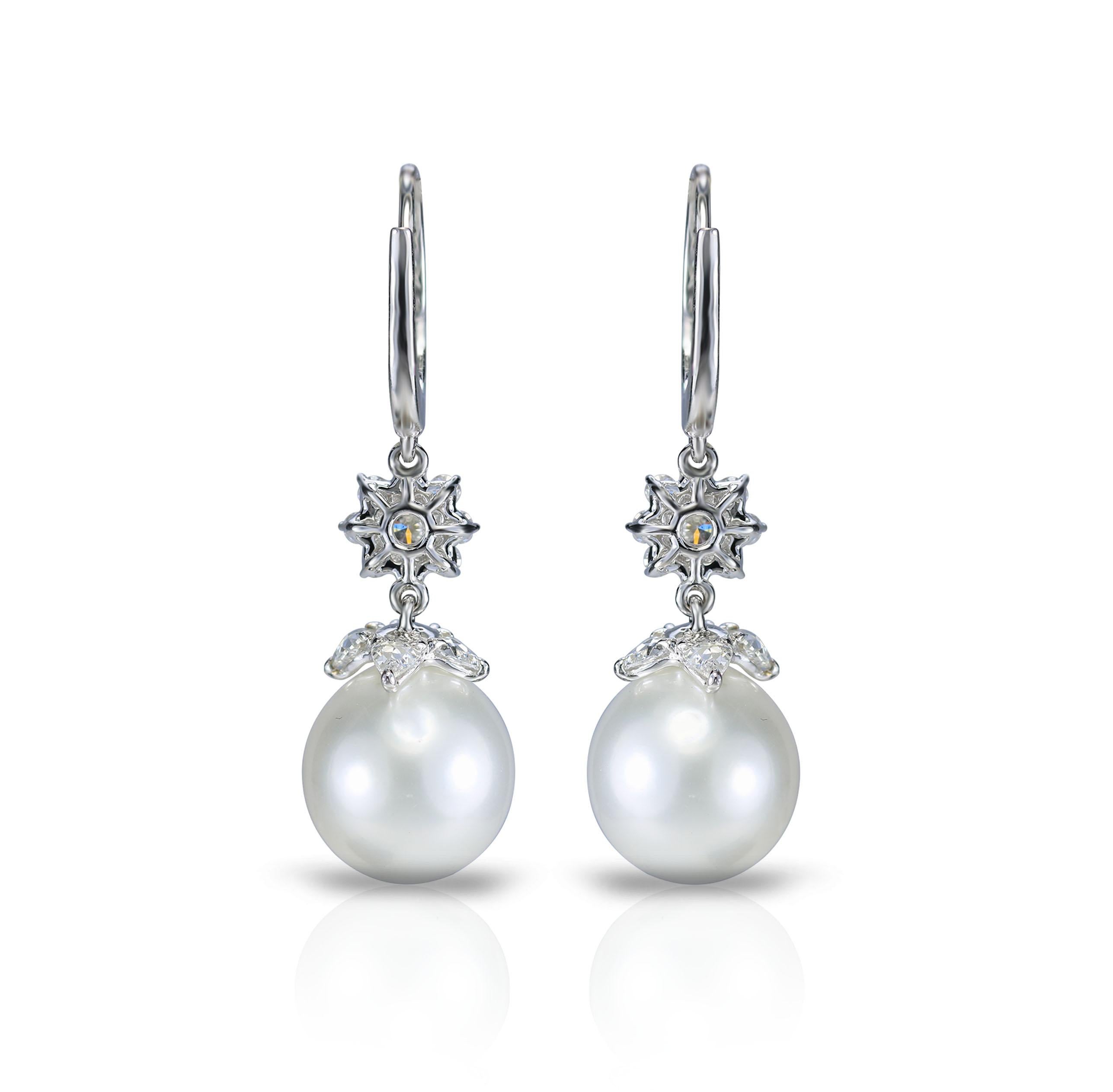 Round Cut Studio Rêves 18 Karat White Gold, Diamonds and Pearls Cluster Dangling Earrings