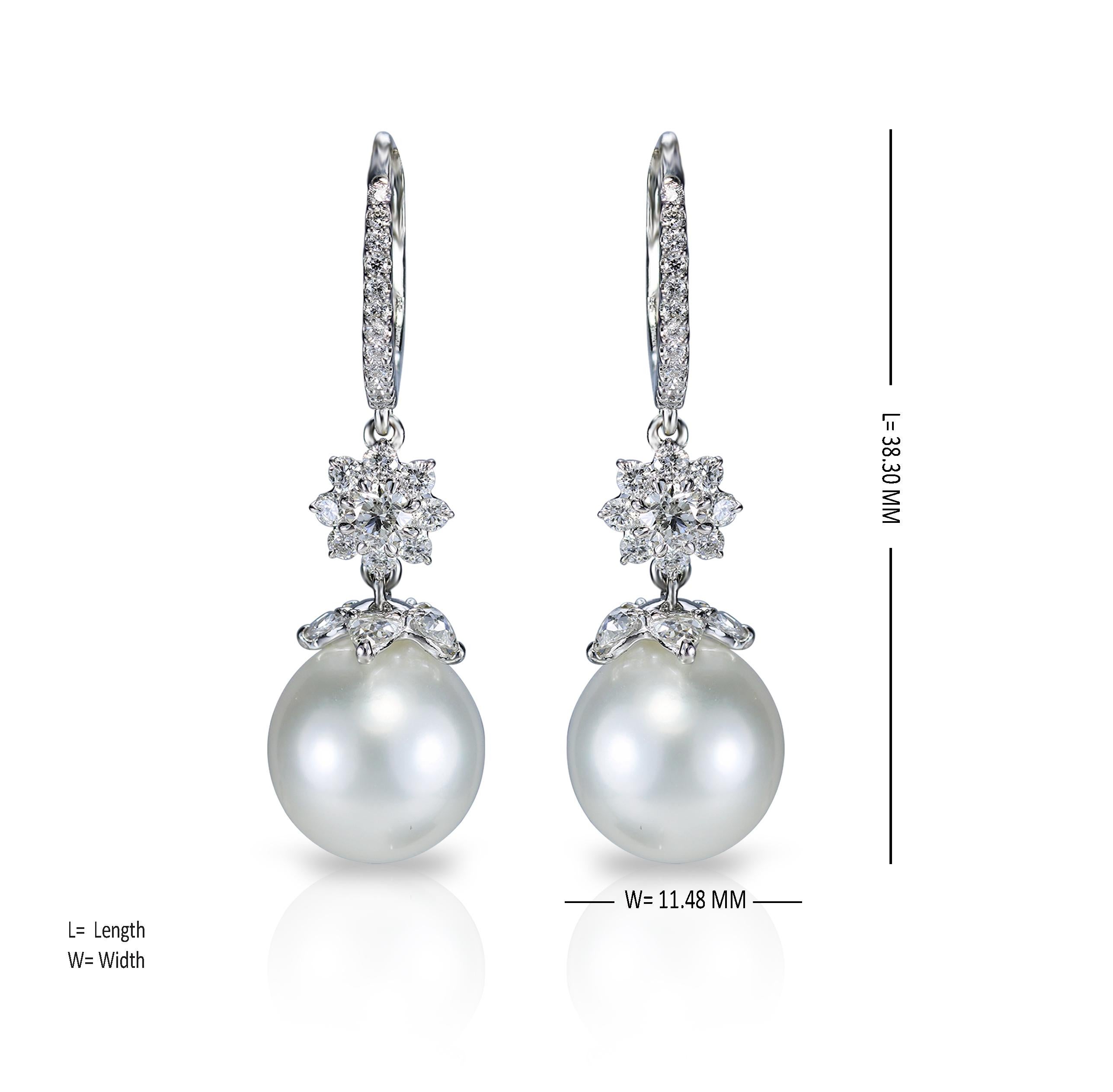 Studio Rêves 18 Karat White Gold, Diamonds and Pearls Cluster Dangling Earrings In New Condition In Mumbai, Maharashtra