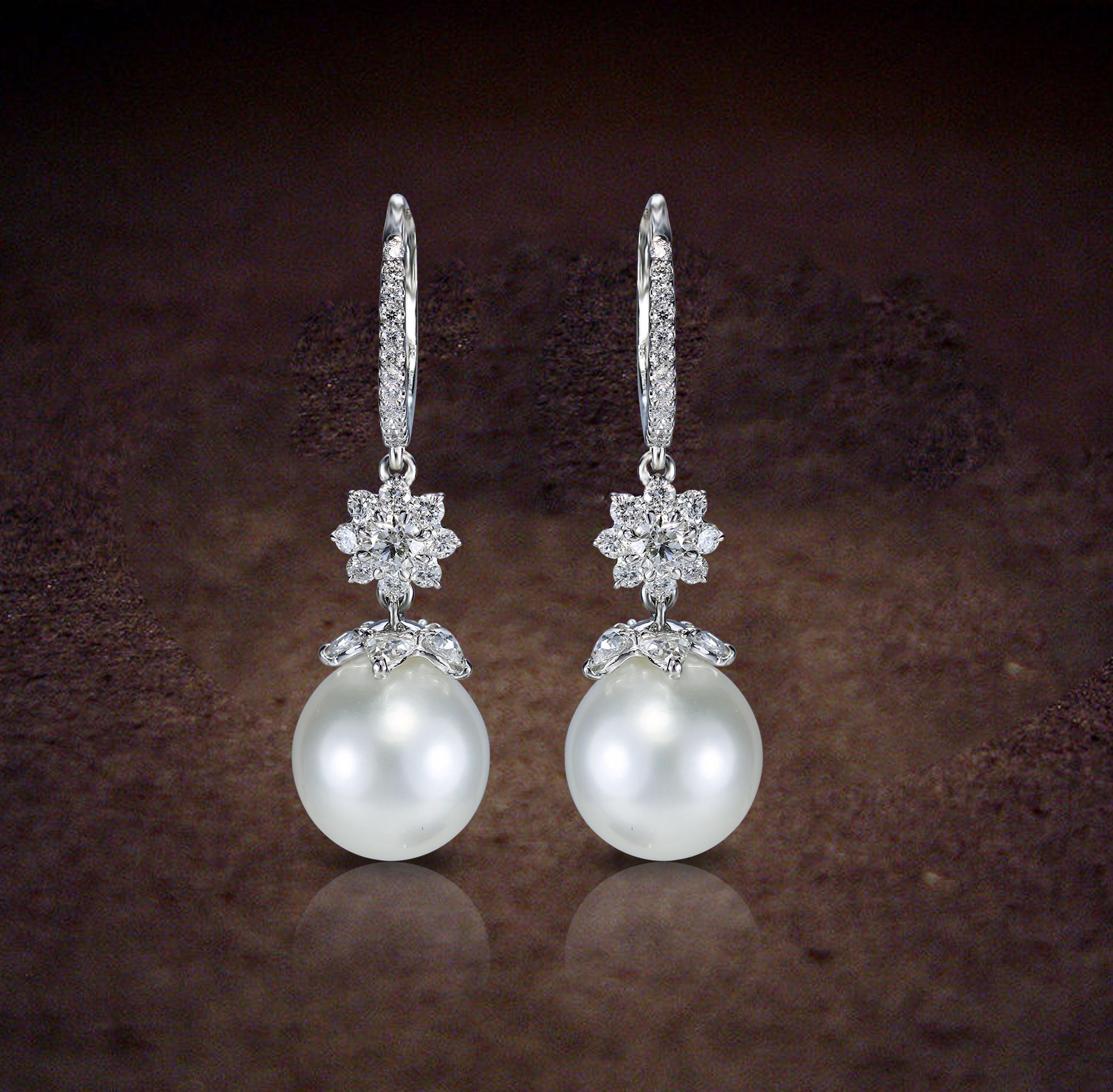 Women's Studio Rêves 18 Karat White Gold, Diamonds and Pearls Cluster Dangling Earrings