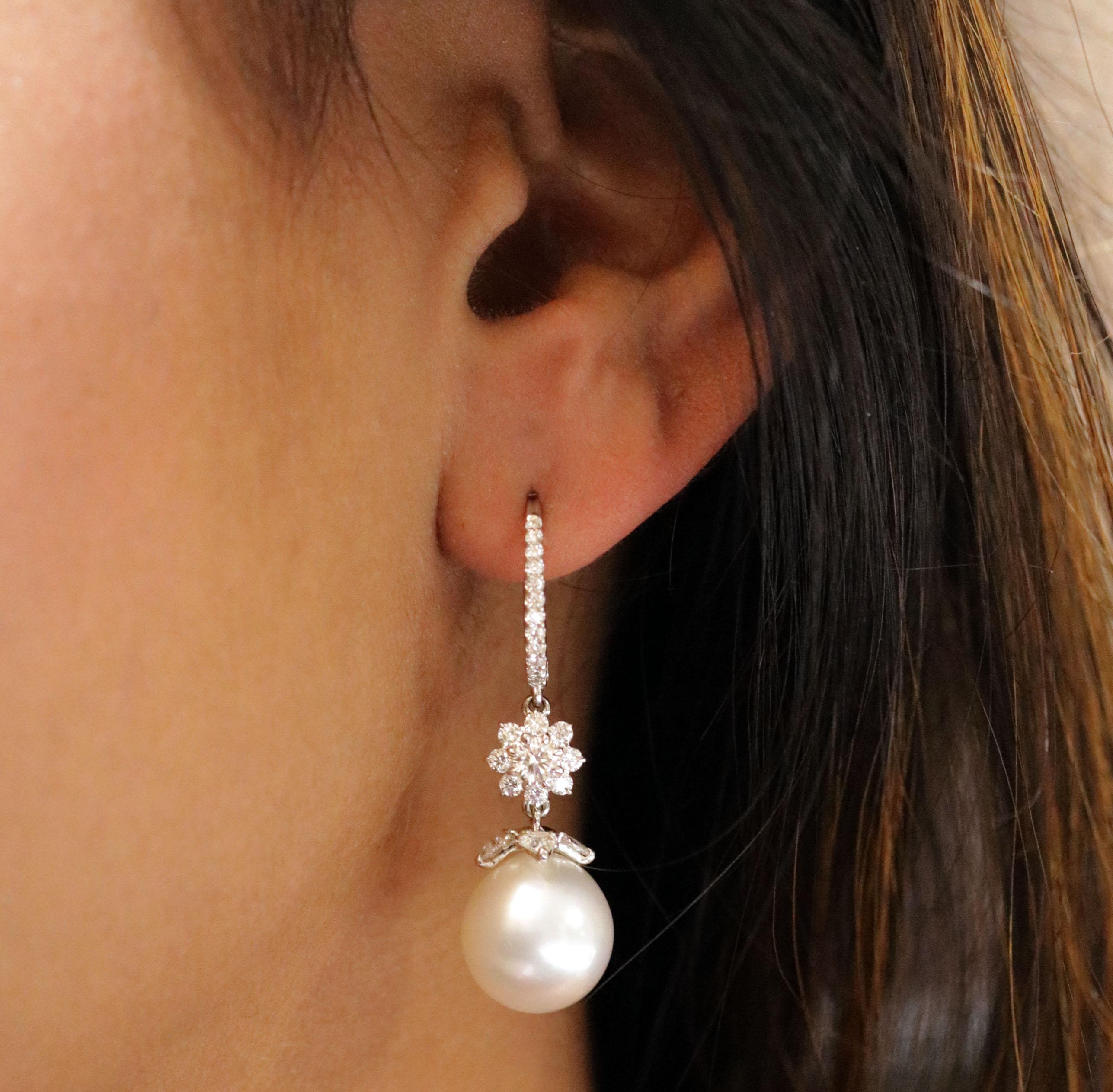 Studio Rêves 18 Karat White Gold, Diamonds and Pearls Cluster Dangling Earrings 1
