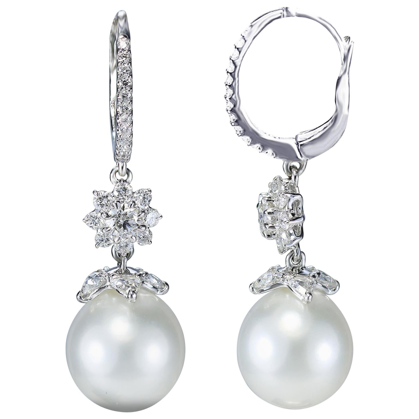 Studio Rêves 18 Karat White Gold, Diamonds and Pearls Cluster Dangling Earrings