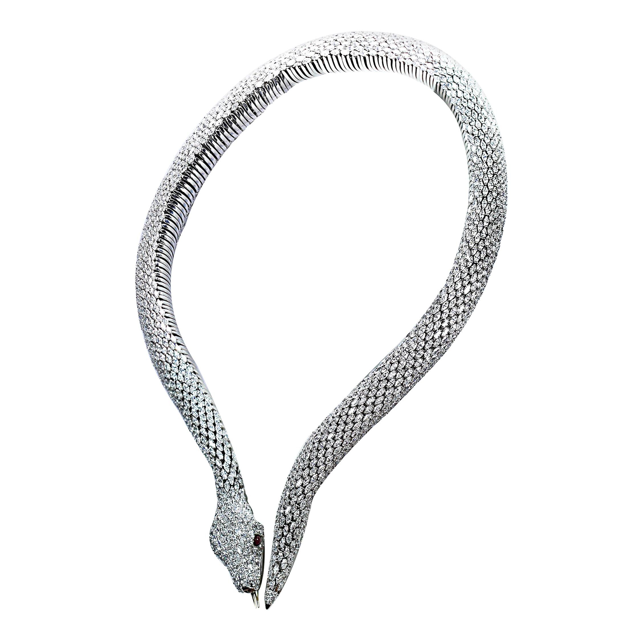 Studio Rêves 18 Karat White Gold Marquise Snake Spring Collar Necklace For Sale