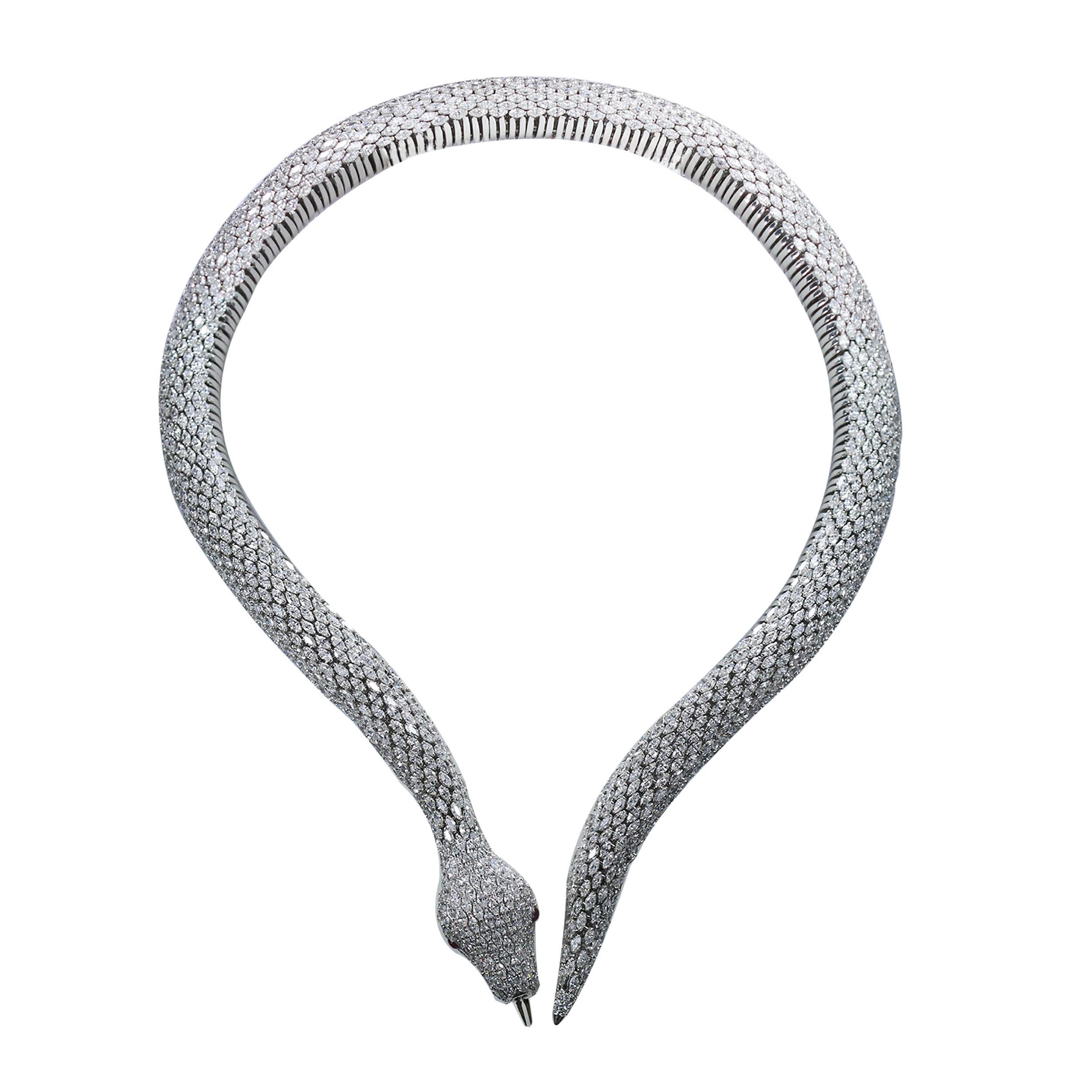 Studio Rêves 18 Karat White Gold Marquise Snake Spring Necklace For Sale