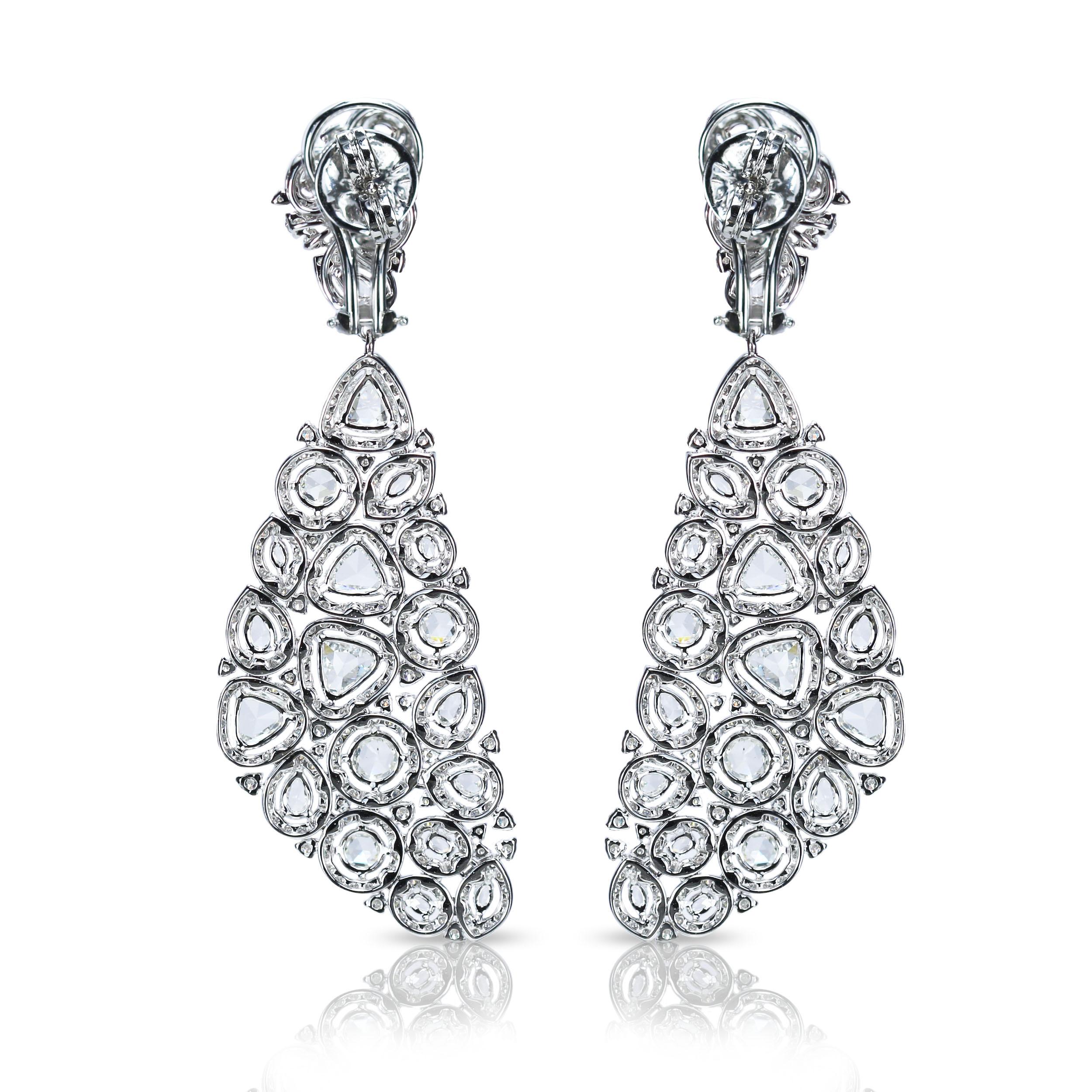 Modern Studio Rêves Rose Cut Diamond Carpet Dangling Earrings in 18 Karat White Gold For Sale