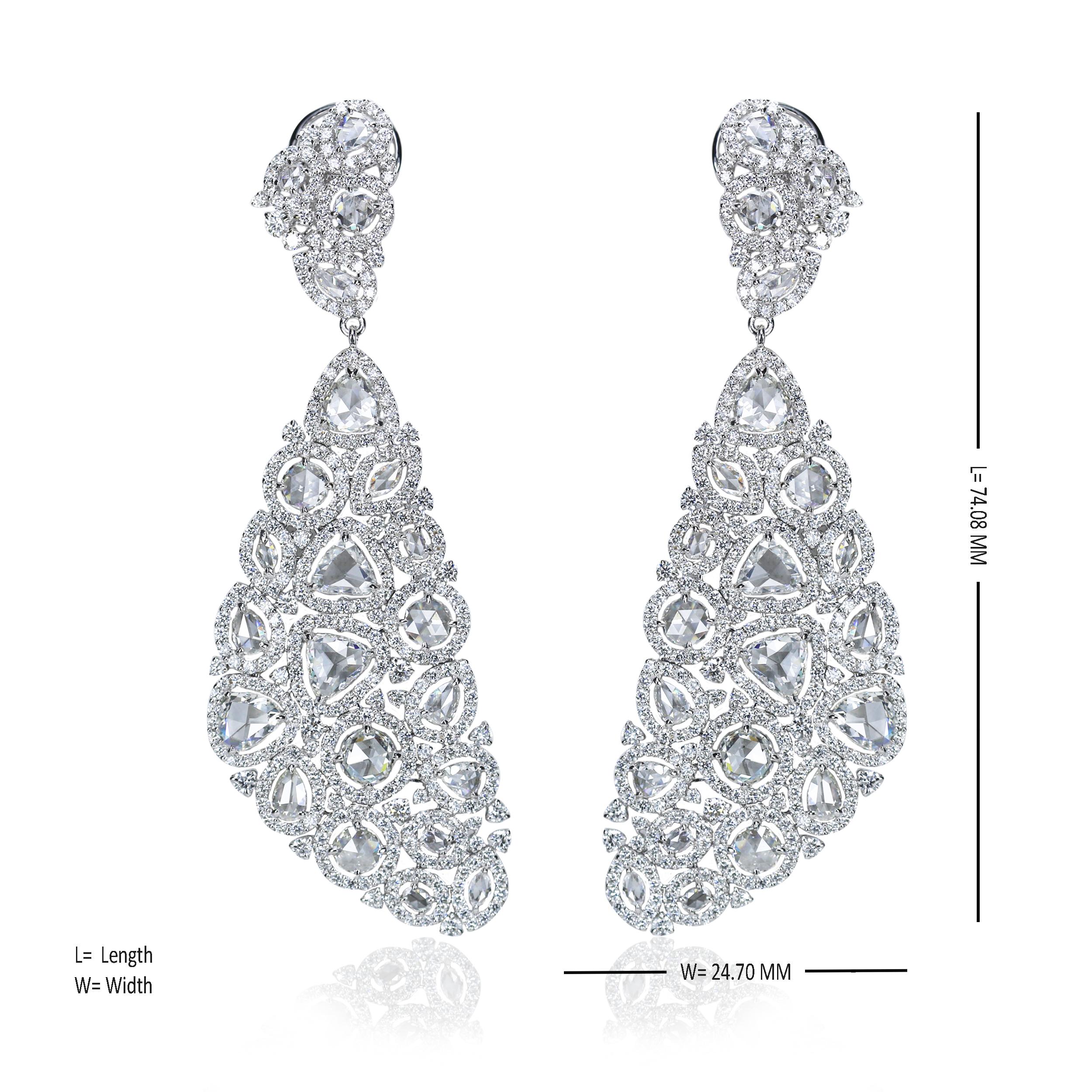 Women's Studio Rêves Rose Cut Diamond Carpet Dangling Earrings in 18 Karat White Gold For Sale