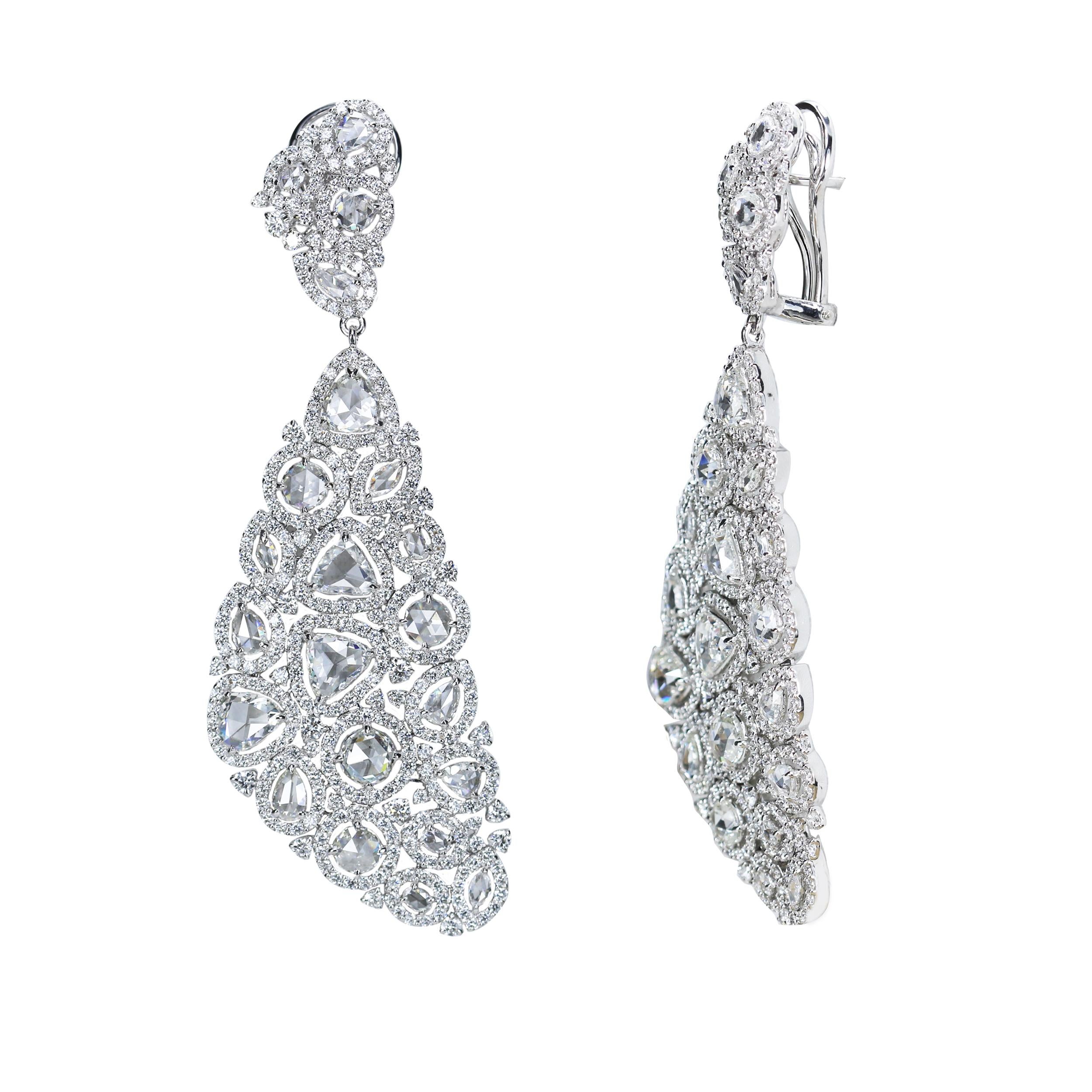 Studio Rêves Rose Cut Diamond Carpet Dangling Earrings in 18 Karat White Gold For Sale