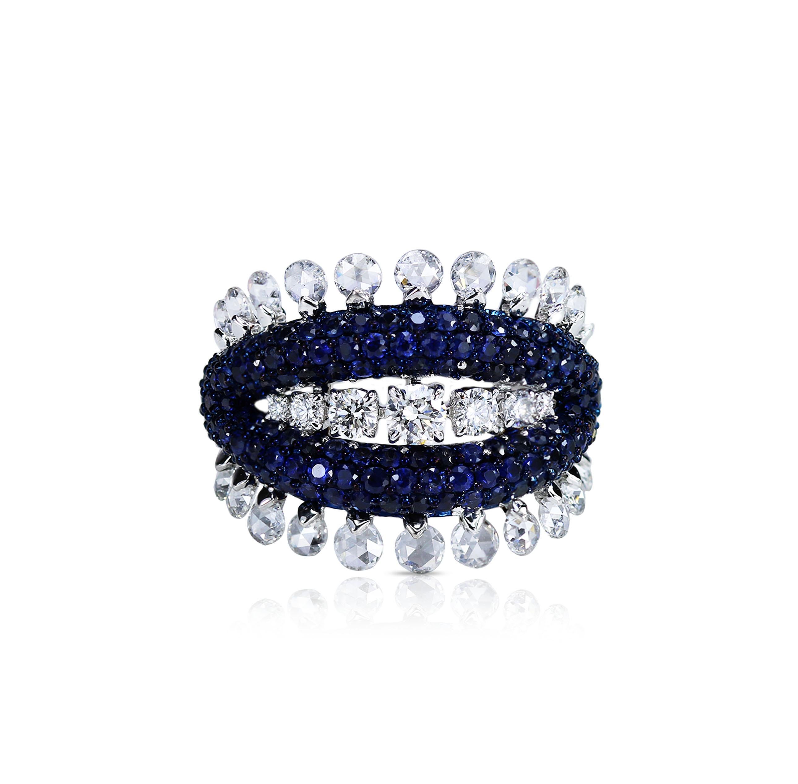 Modern Studio Rêves Rose Cut Diamonds and Blue Sapphire Dome Ring in 18 Karat Gold For Sale
