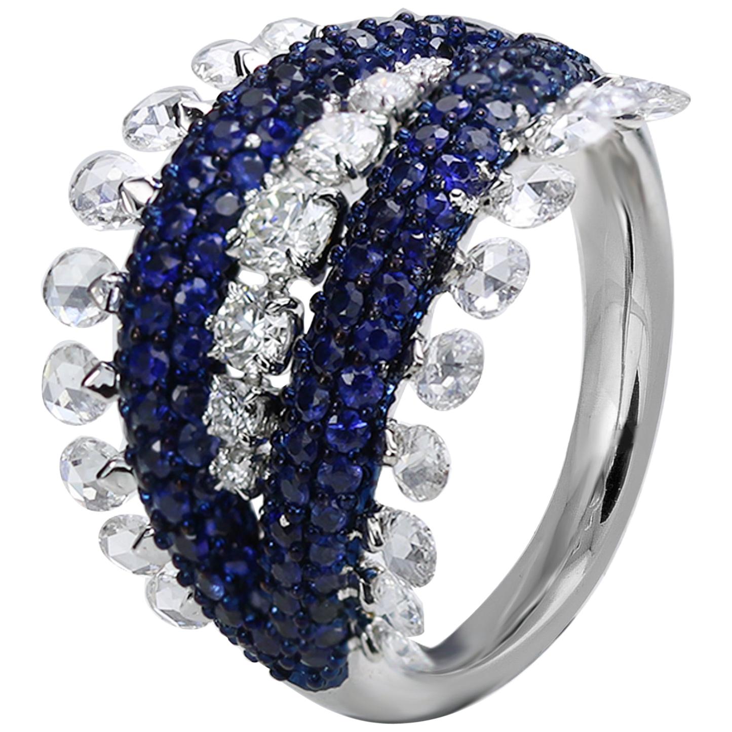 Studio Rêves Rose Cut Diamonds and Blue Sapphire Dome Ring in 18 Karat Gold For Sale