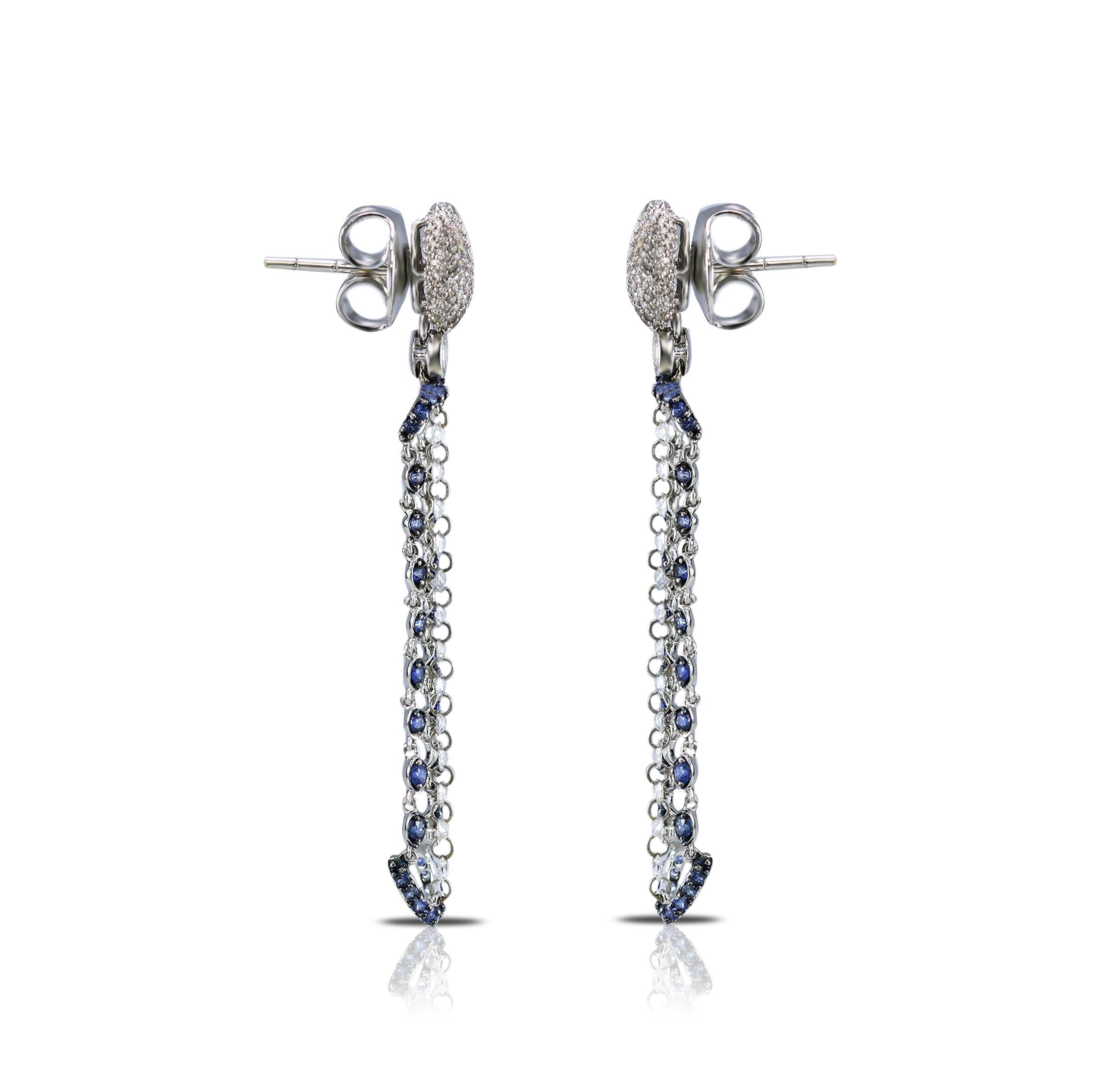 Art Deco Studio Rêves 18 Karat White Gold Rose Cut Diamonds Blue Sapphire Dangle Earrings For Sale