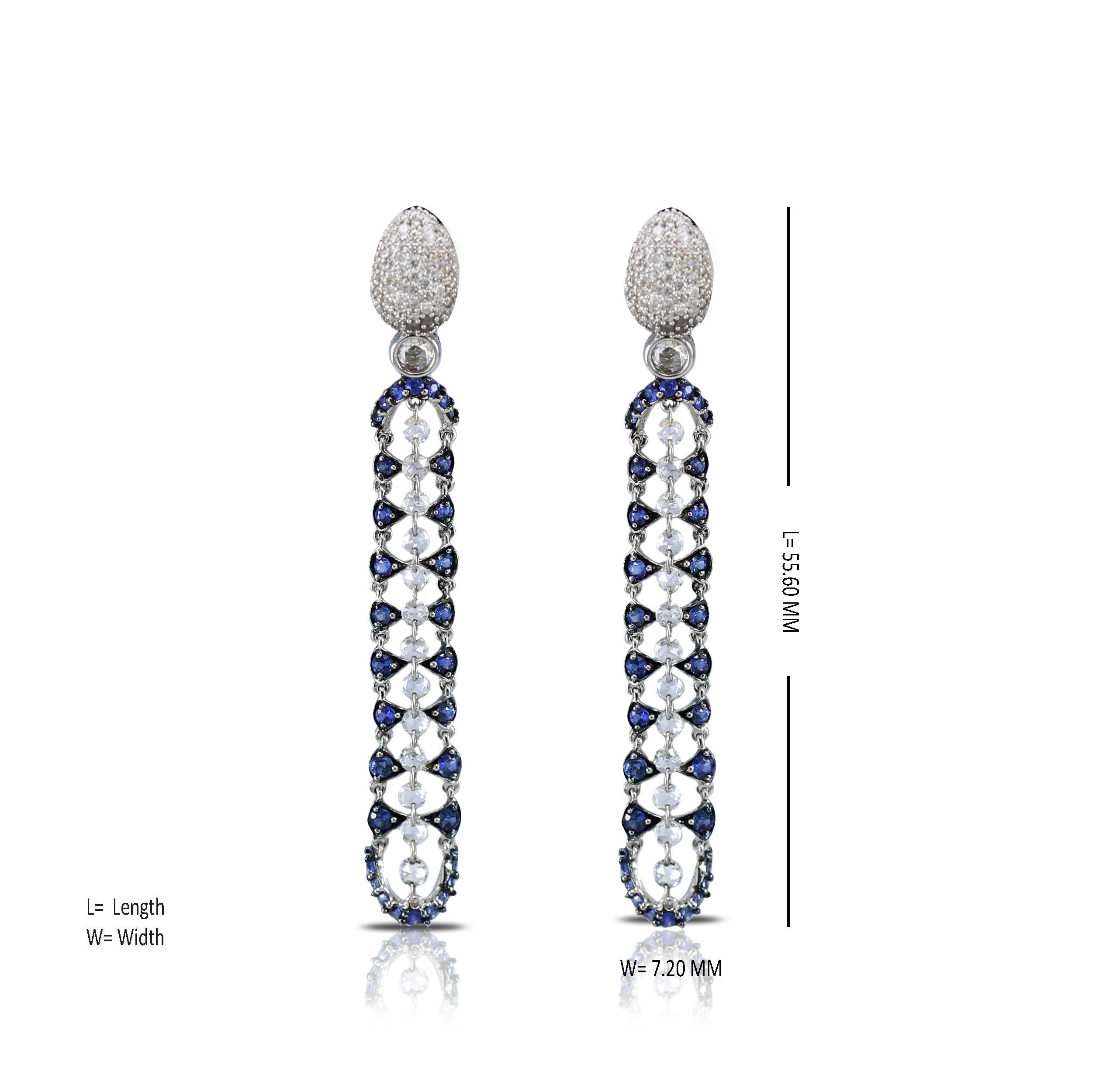 Studio Rêves 18 Karat White Gold Rose Cut Diamonds Blue Sapphire Dangle Earrings In New Condition For Sale In Mumbai, Maharashtra
