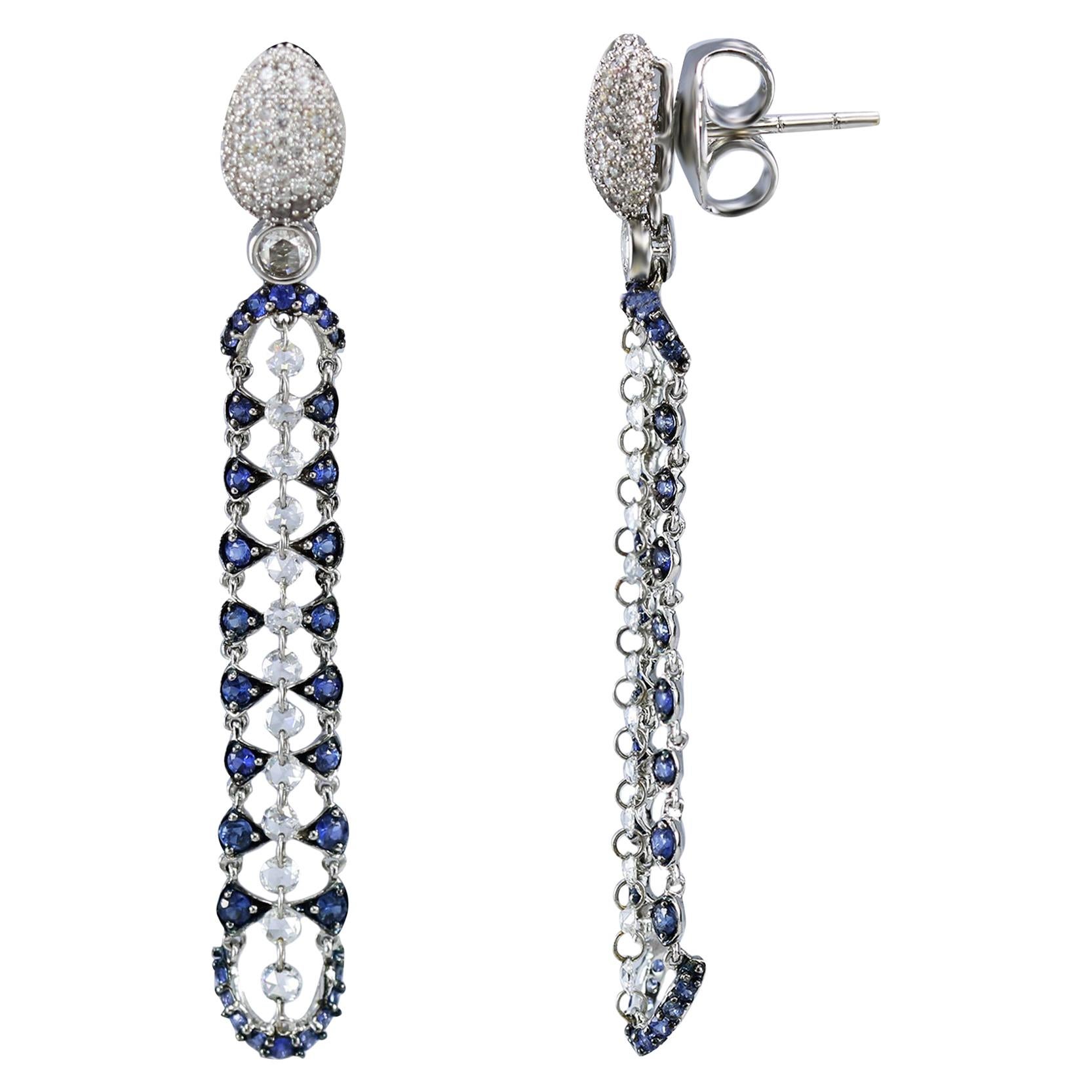 Studio Rêves 18 Karat White Gold Rose Cut Diamonds Blue Sapphire Dangle Earrings For Sale