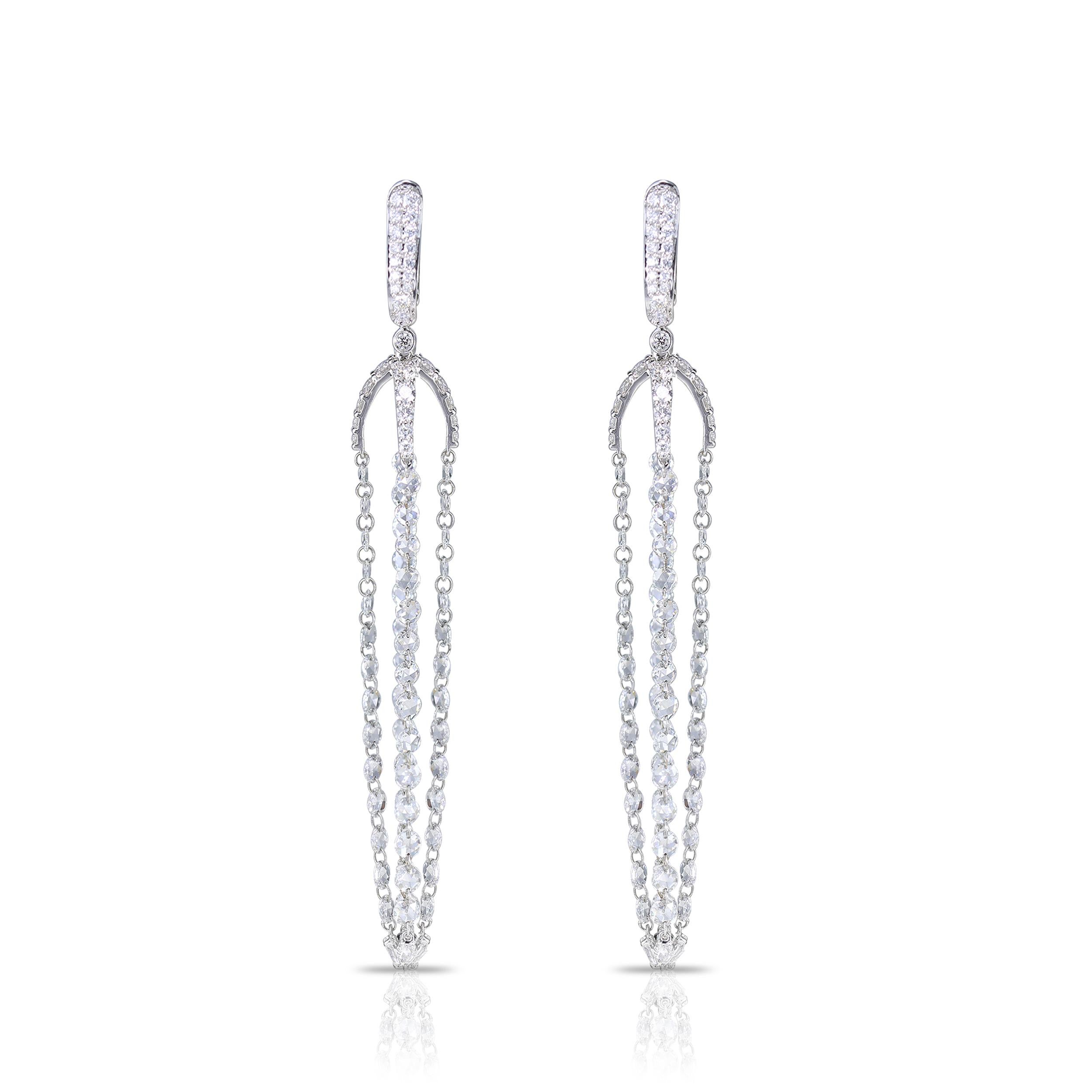 18K white gold and diamond earrings

Giving your selection of jewellery a modern update is this exquisite pair of 18K white gold earrings carefully studded with rose cut and brilliant cut diamonds in a drill and pave setting. Featuring 194 stones,