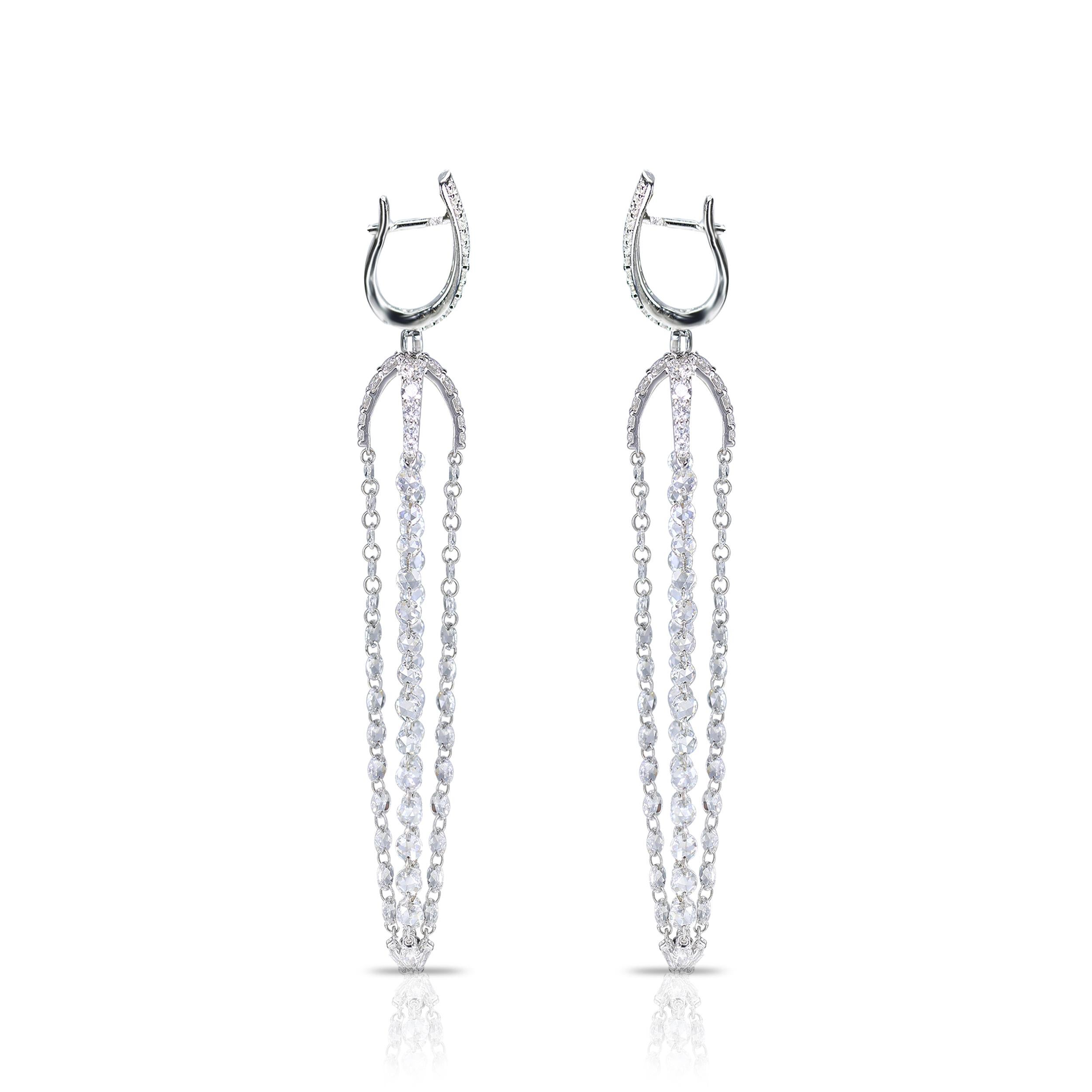 Art Deco Studio Rêves 18 Karat White Gold Rose cut Diamonds Chandelier Drop Earrings