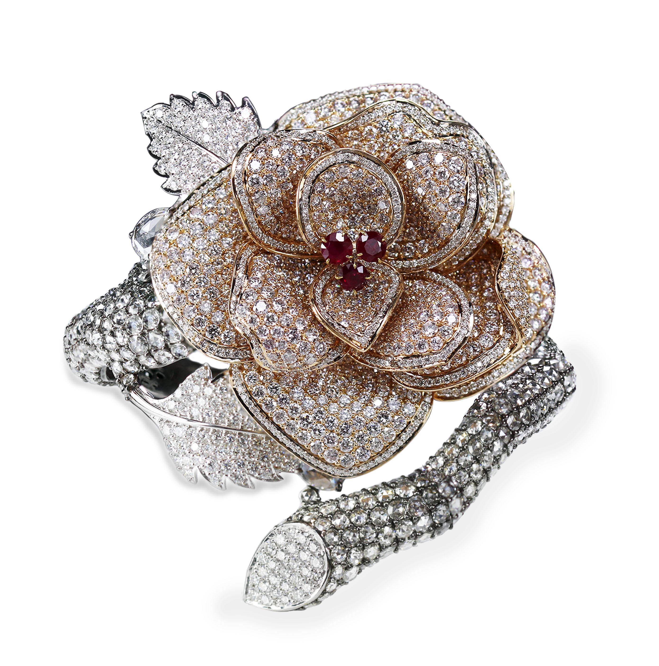 Round Cut Studio Rêves 18K Gold, Brilliant and Rose cut Diamonds and Ruby Floral Cuff