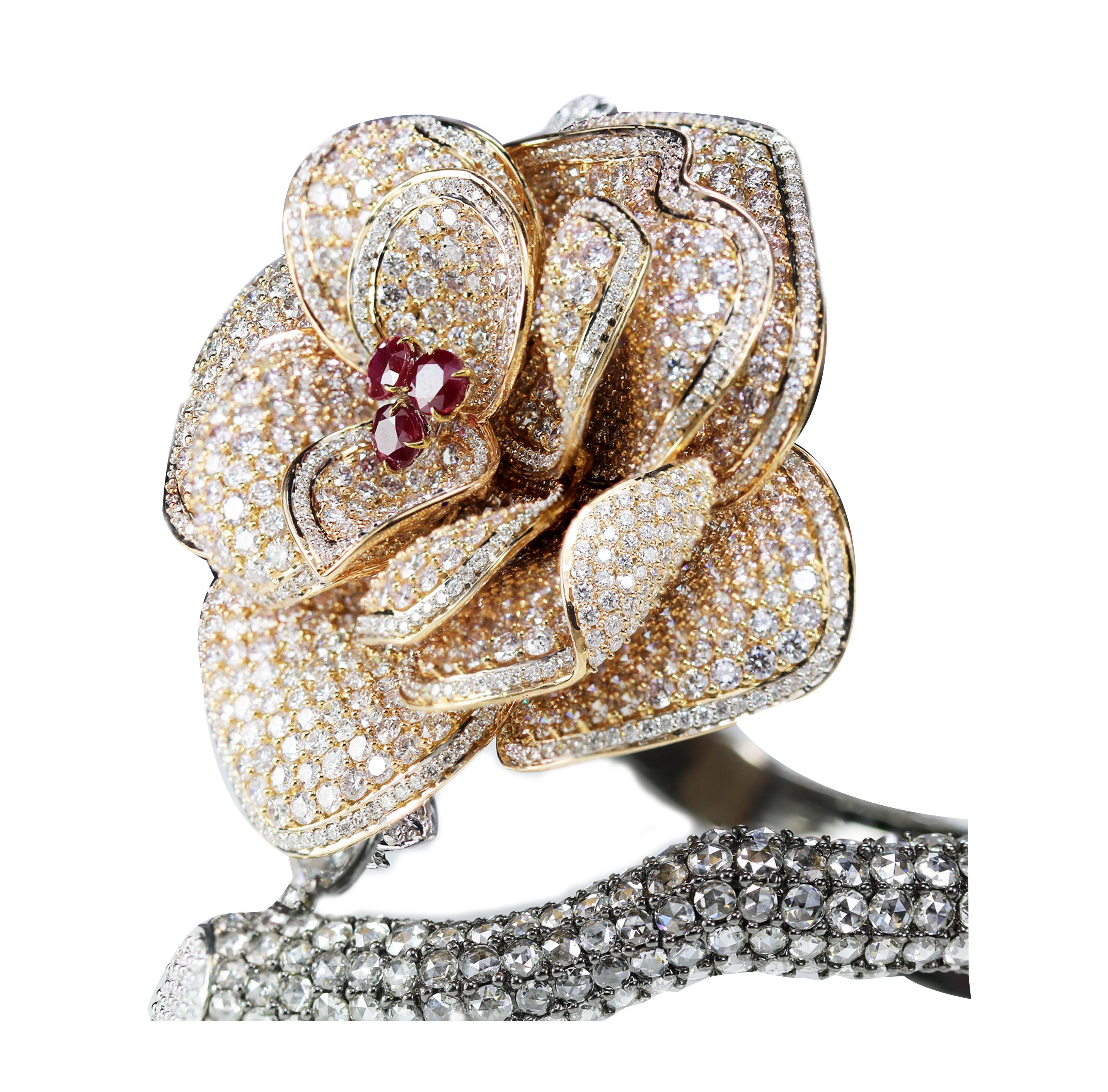 Studio Rêves 18K Gold, Brilliant and Rose cut Diamonds and Ruby Floral Cuff In New Condition In Mumbai, Maharashtra