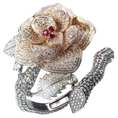 Studio Rêves 18K Gold, Brilliant and Rose cut Diamonds and Ruby Floral Cuff
