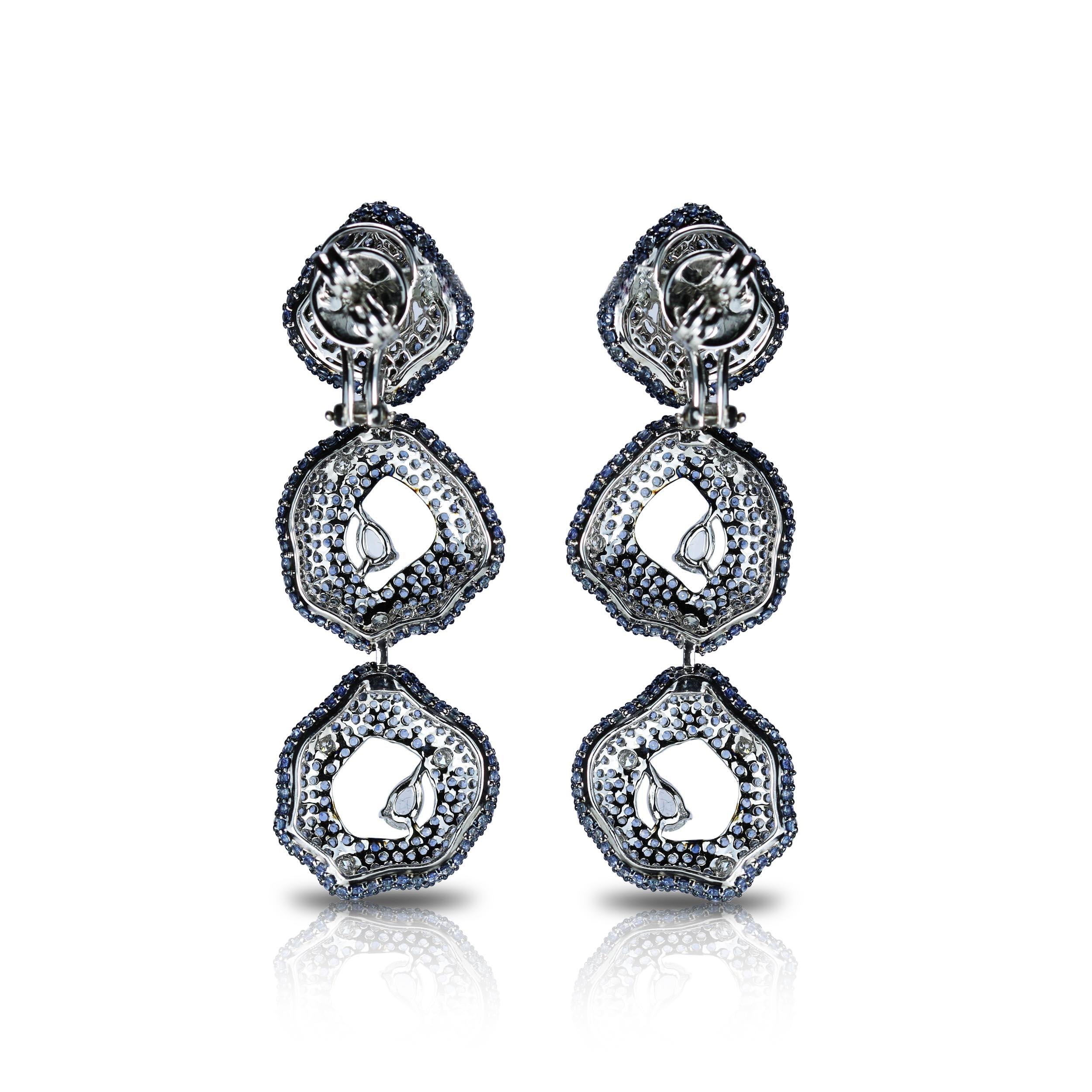 Rose Cut Studio Rêves Diamonds and Blue Sapphire Circular Dangling Earrings in 18K Gold For Sale