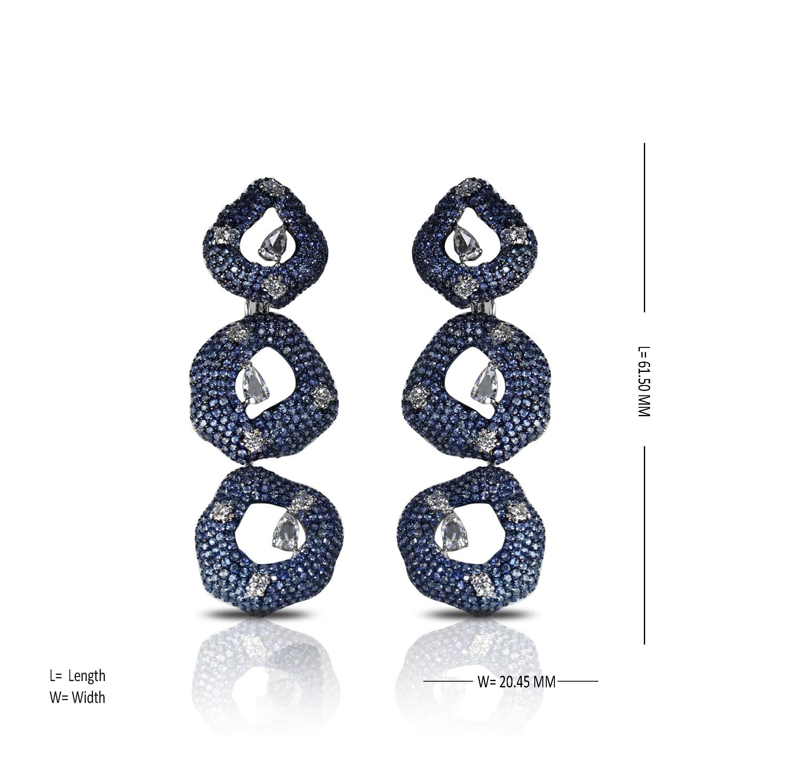 Studio Rêves Diamonds and Blue Sapphire Circular Dangling Earrings in 18K Gold In New Condition For Sale In Mumbai, Maharashtra