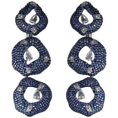 Studio Rêves Diamonds and Blue Sapphire Circular Dangling Earrings in 18K Gold