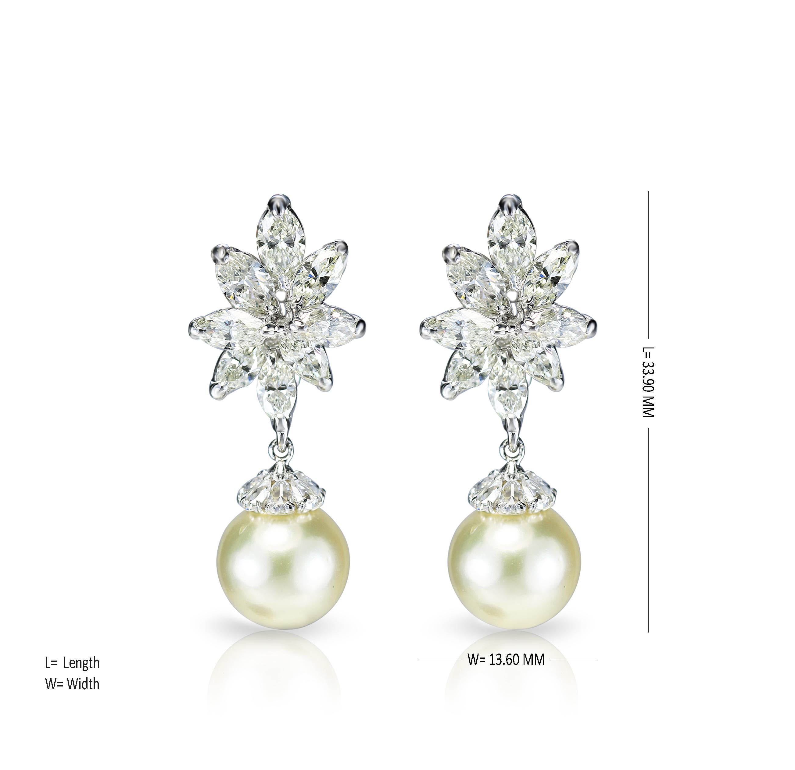 Studio Rêves 18K Gold, Marquise Diamonds and South Sea Pearl Earrings In New Condition In Mumbai, Maharashtra