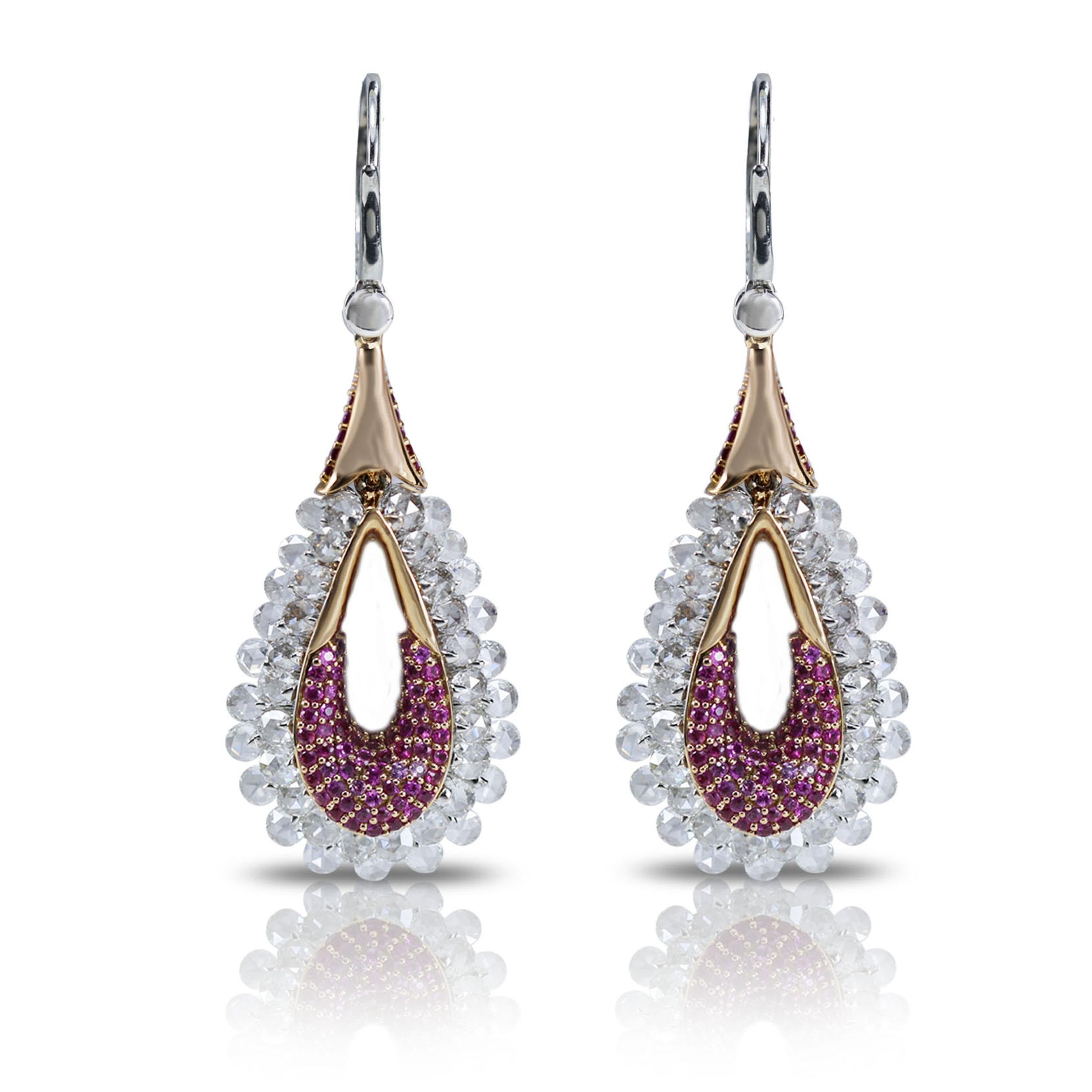 Modern Studio Rêves 18K Gold, Rose cut Diamond and Pink Sapphire Dangling Earrings