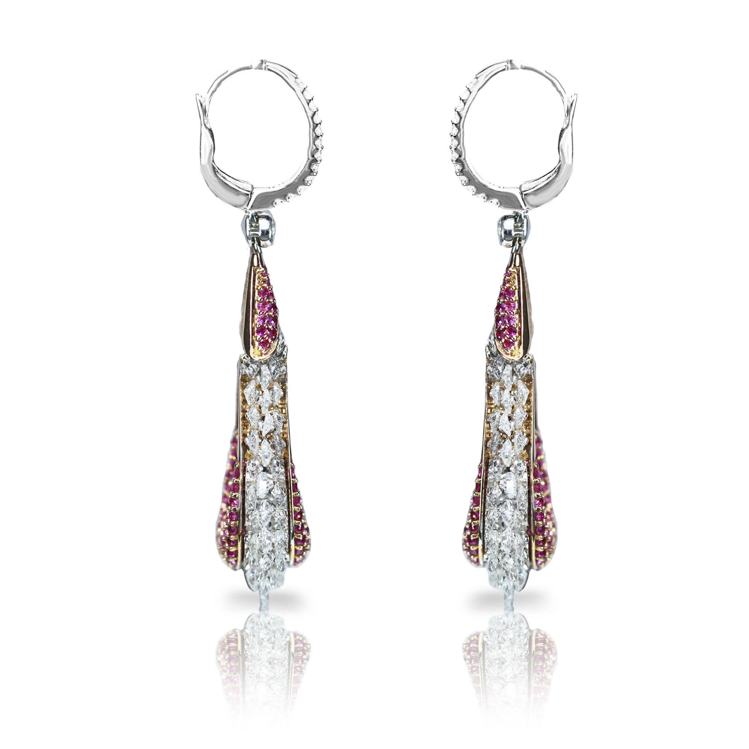 Rose Cut Studio Rêves 18K Gold, Rose cut Diamond and Pink Sapphire Dangling Earrings