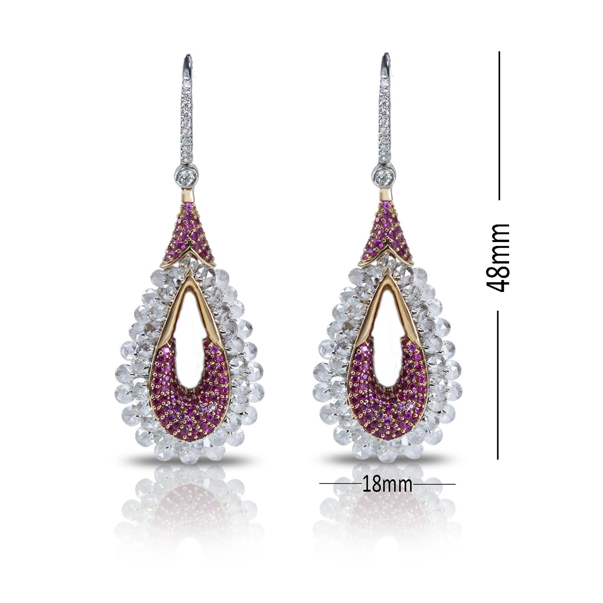 Studio Rêves 18K Gold, Rose cut Diamond and Pink Sapphire Dangling Earrings In New Condition In Mumbai, Maharashtra