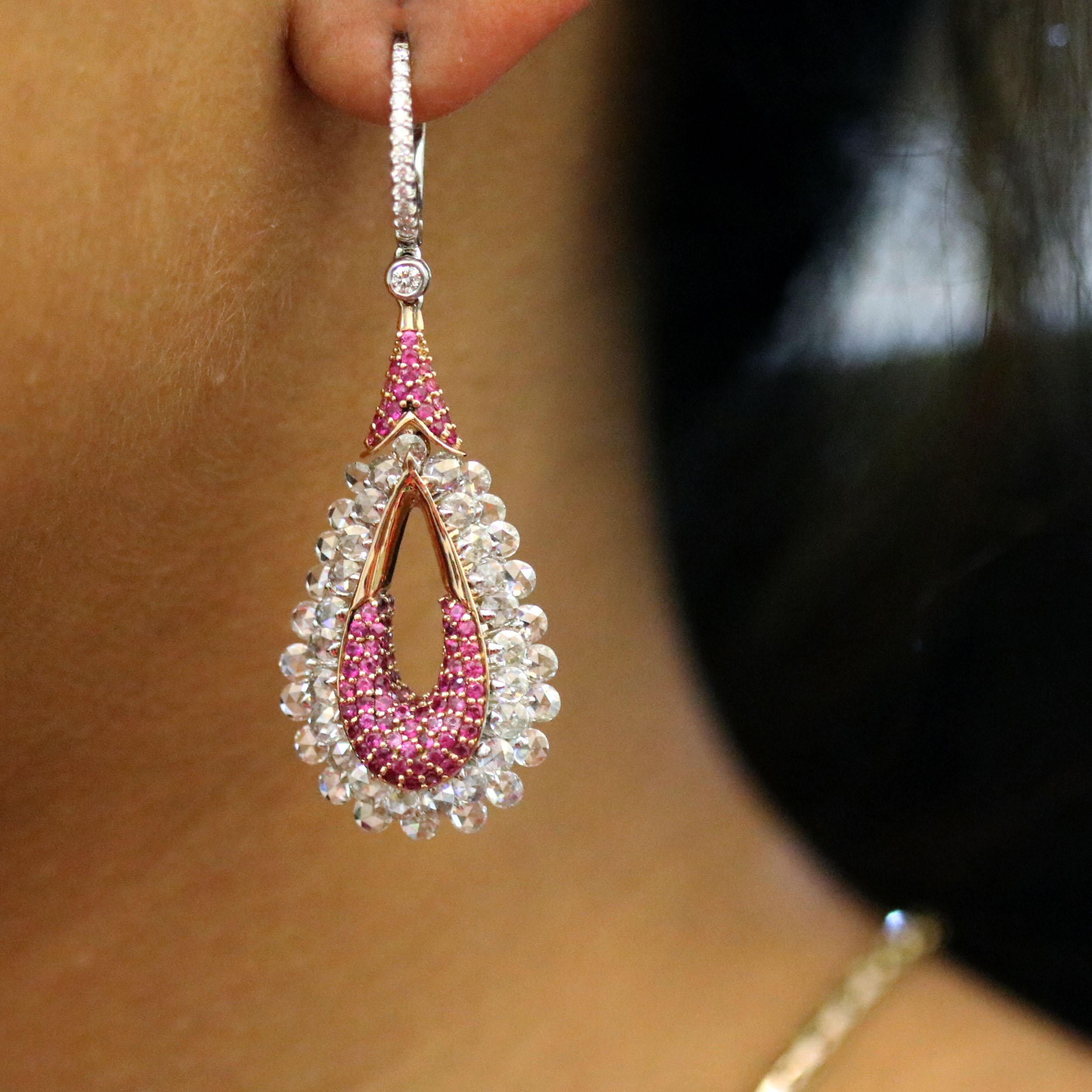 Women's Studio Rêves 18K Gold, Rose cut Diamond and Pink Sapphire Dangling Earrings