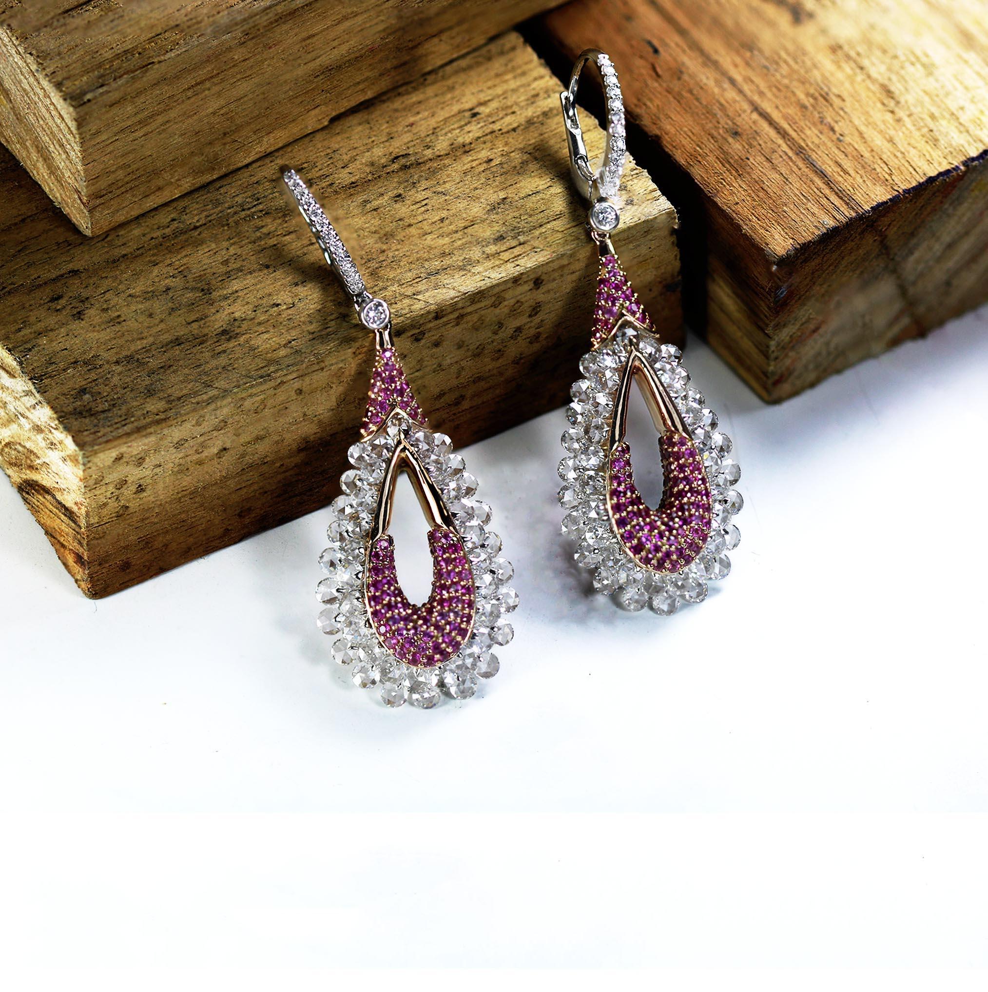 Studio Rêves 18K Gold, Rose cut Diamond and Pink Sapphire Dangling Earrings 1