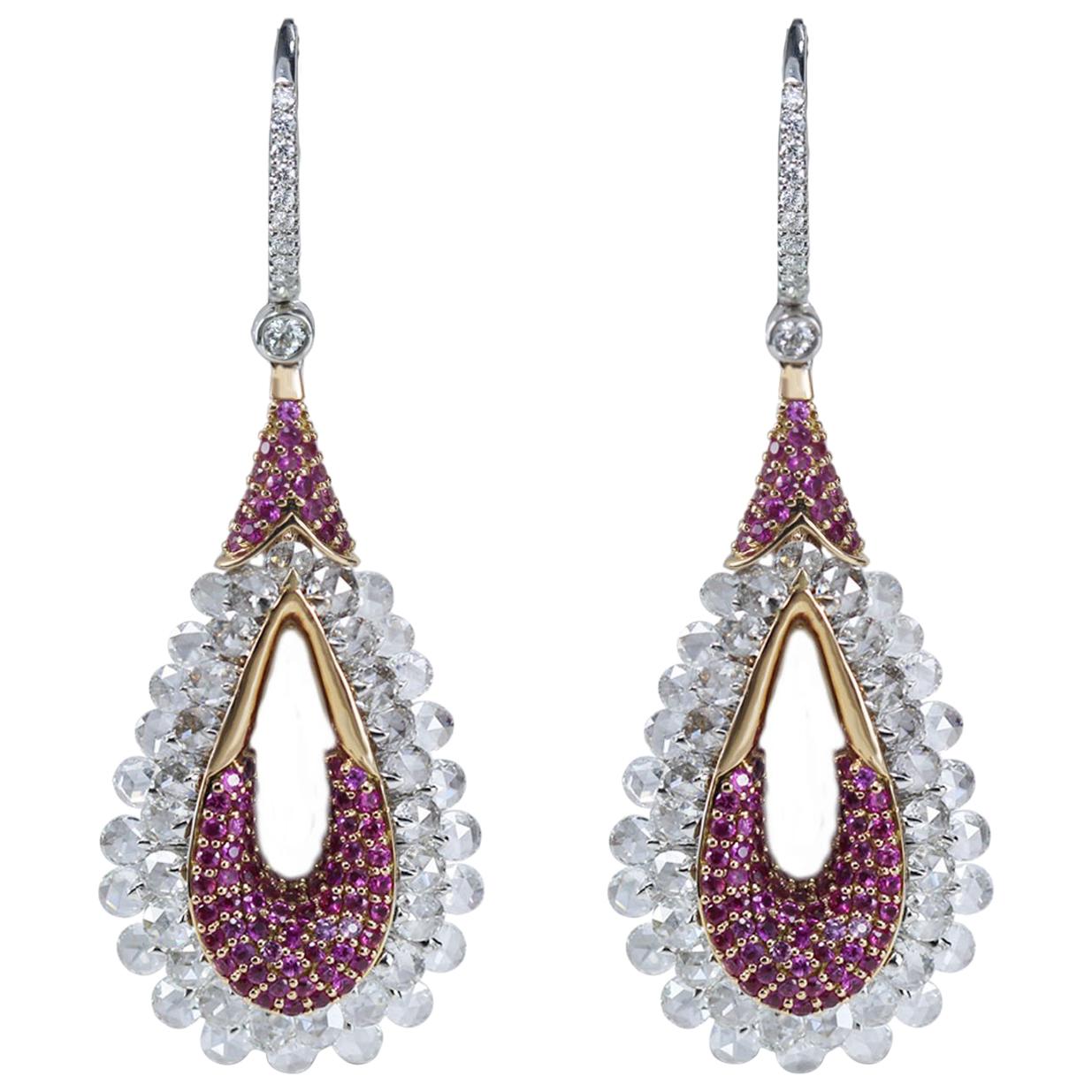 Studio Rêves 18K Gold, Rose cut Diamond and Pink Sapphire Dangling Earrings