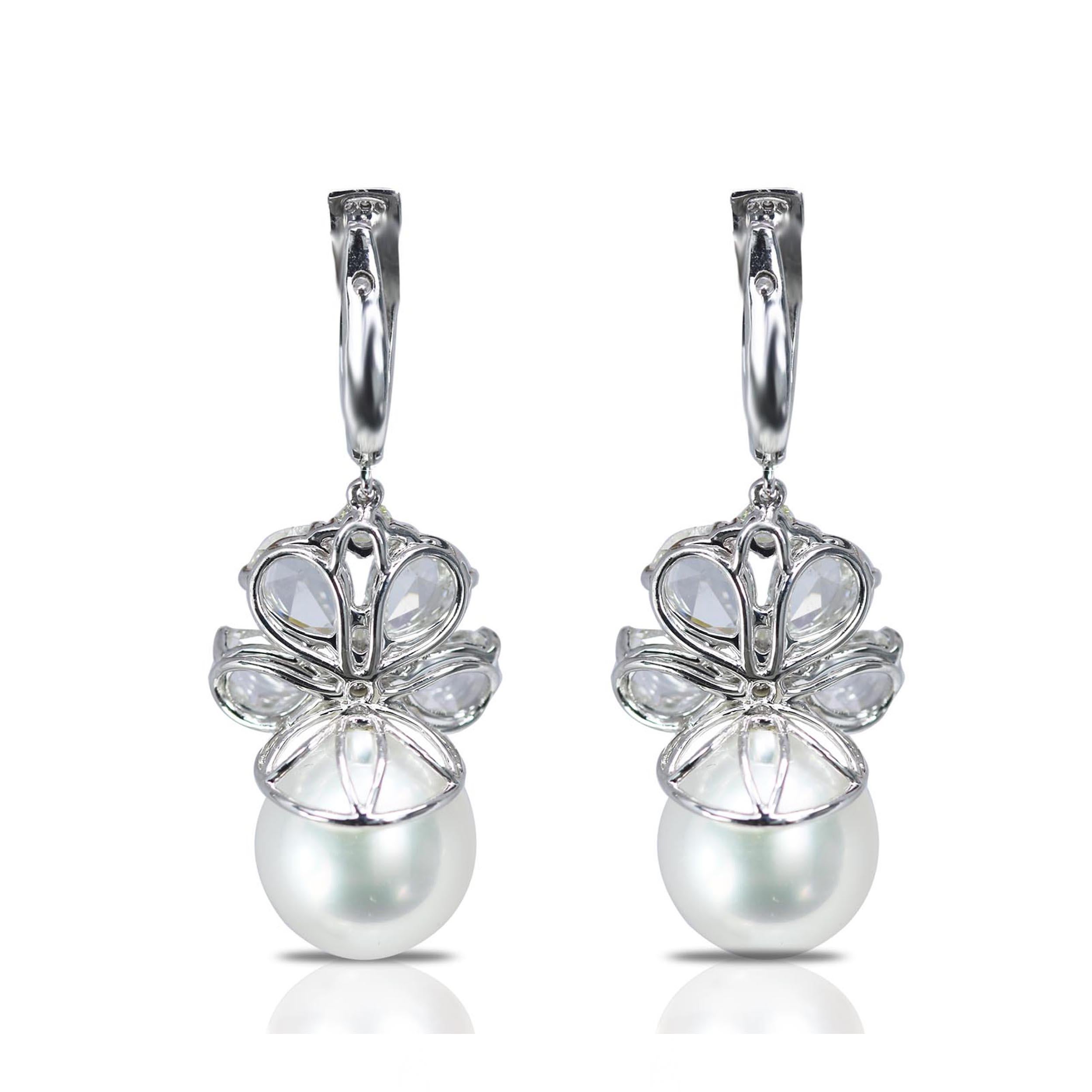 Contemporary Studio Rêves Rose cut Diamonds and South Sea Pearls Earrings in 18K Gold For Sale