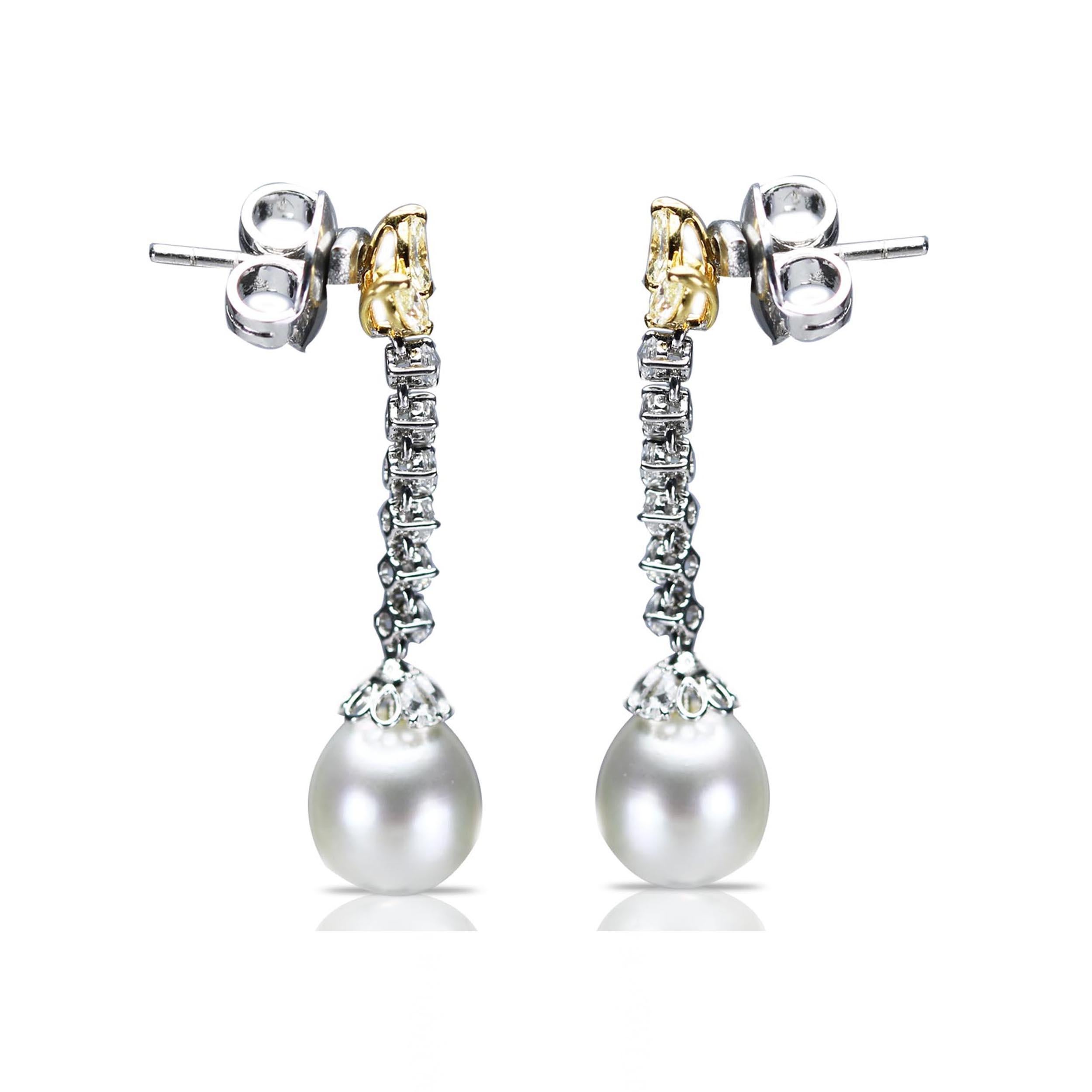 Marquise Cut Studio Rêves Rose cut Diamonds and South Sea Pearls Earrings in 18 Karat Gold For Sale
