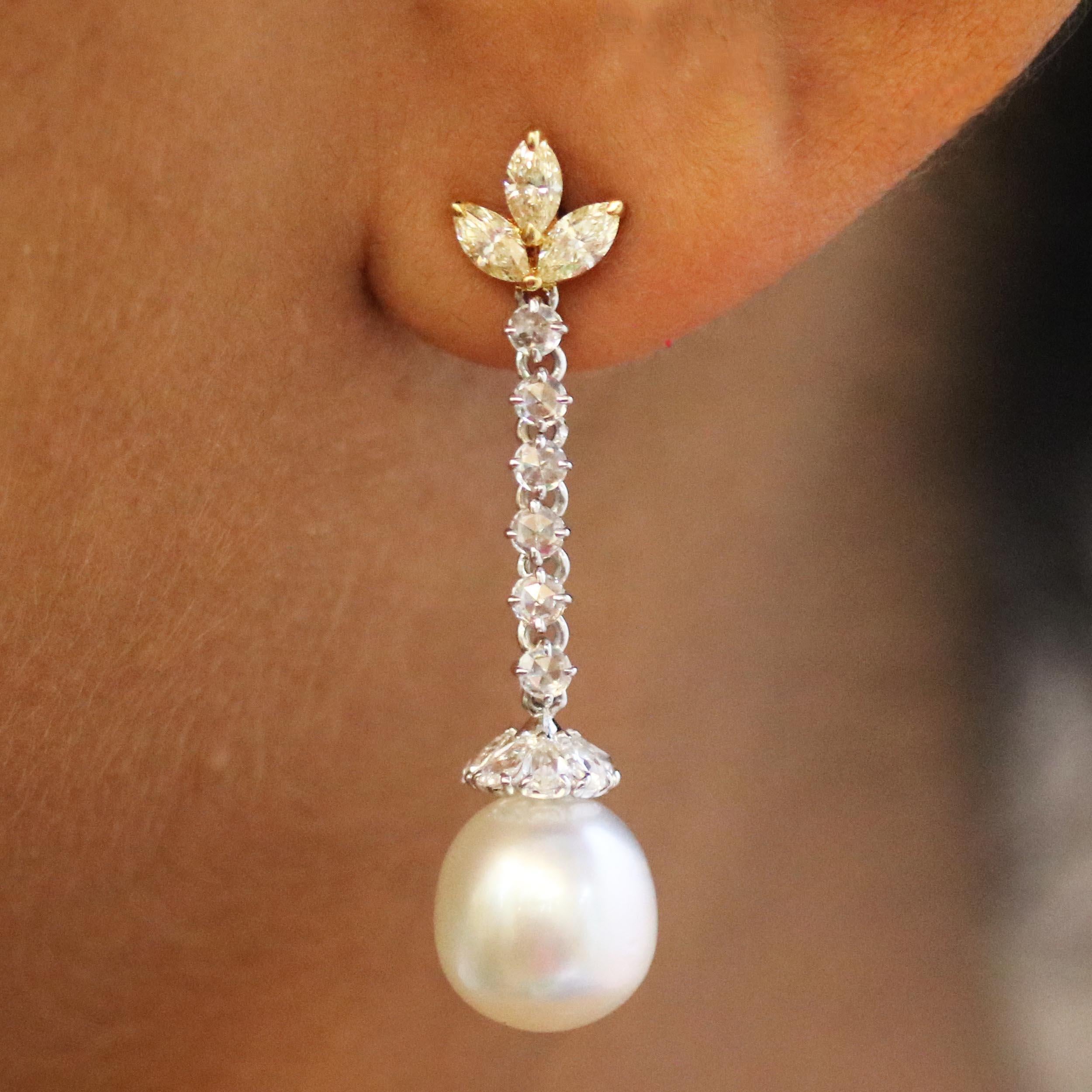 Women's Studio Rêves Rose cut Diamonds and South Sea Pearls Earrings in 18 Karat Gold For Sale