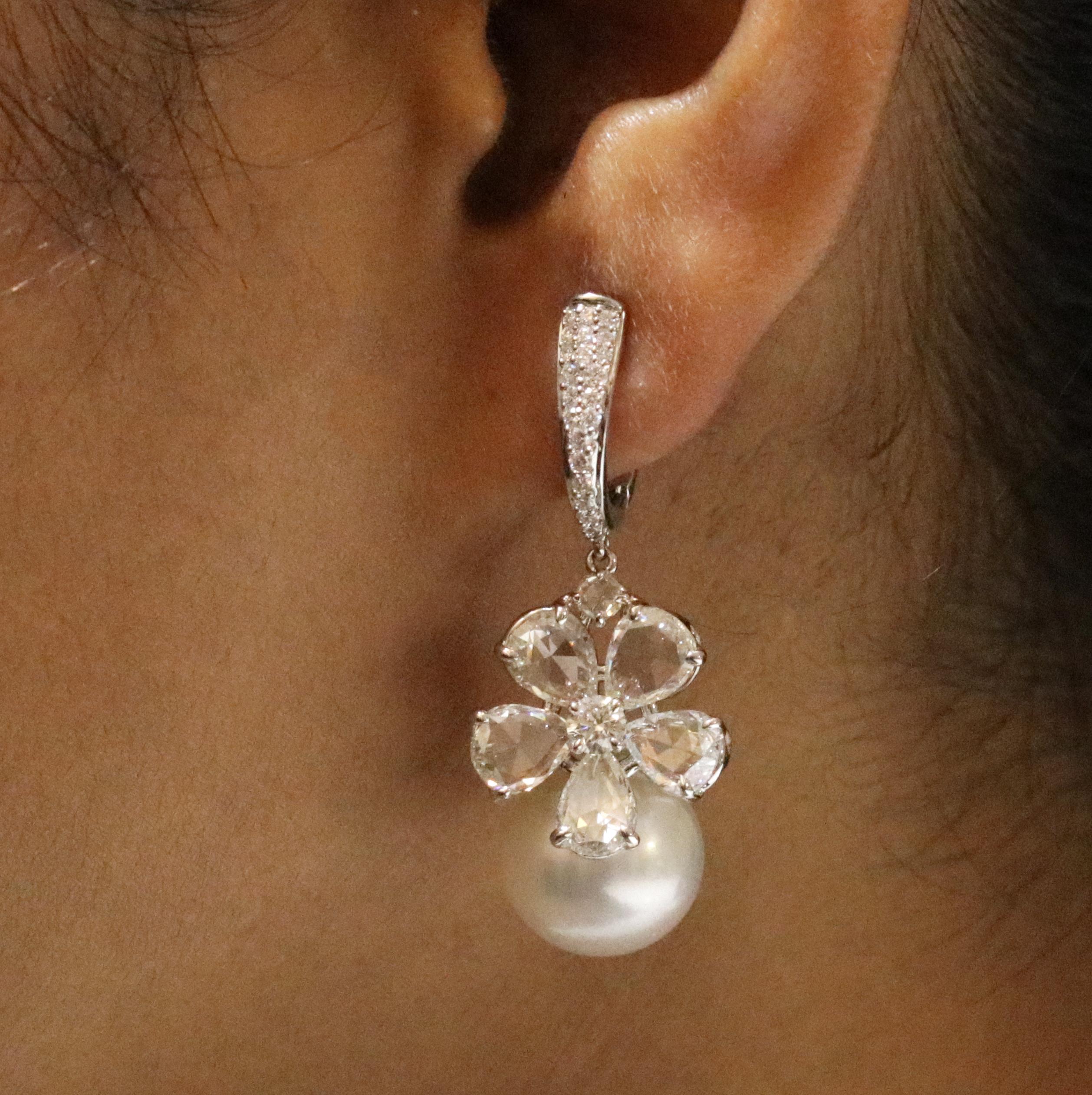 Studio Rêves Rose cut Diamonds and South Sea Pearls Earrings in 18K Gold For Sale 1