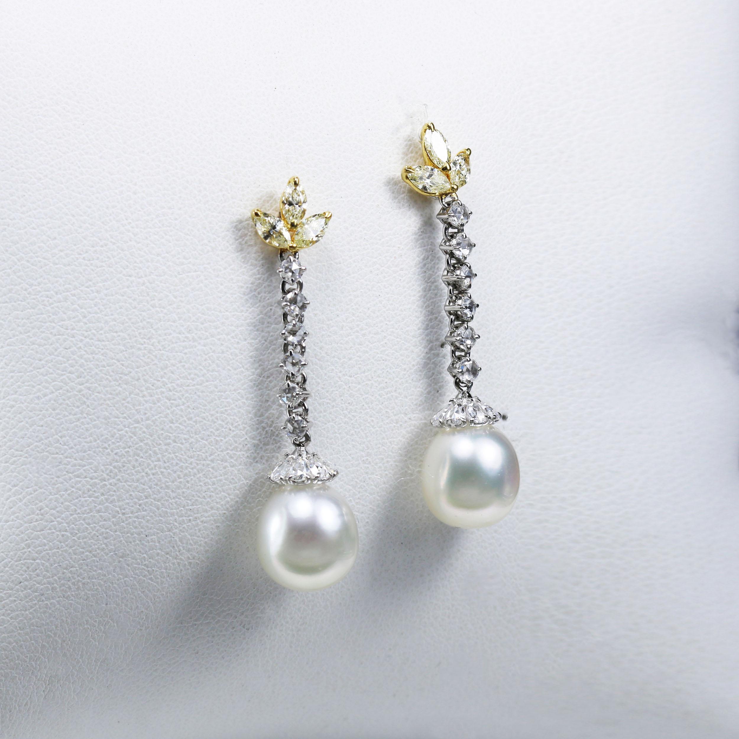 Studio Rêves Rose cut Diamonds and South Sea Pearls Earrings in 18 Karat Gold For Sale 1