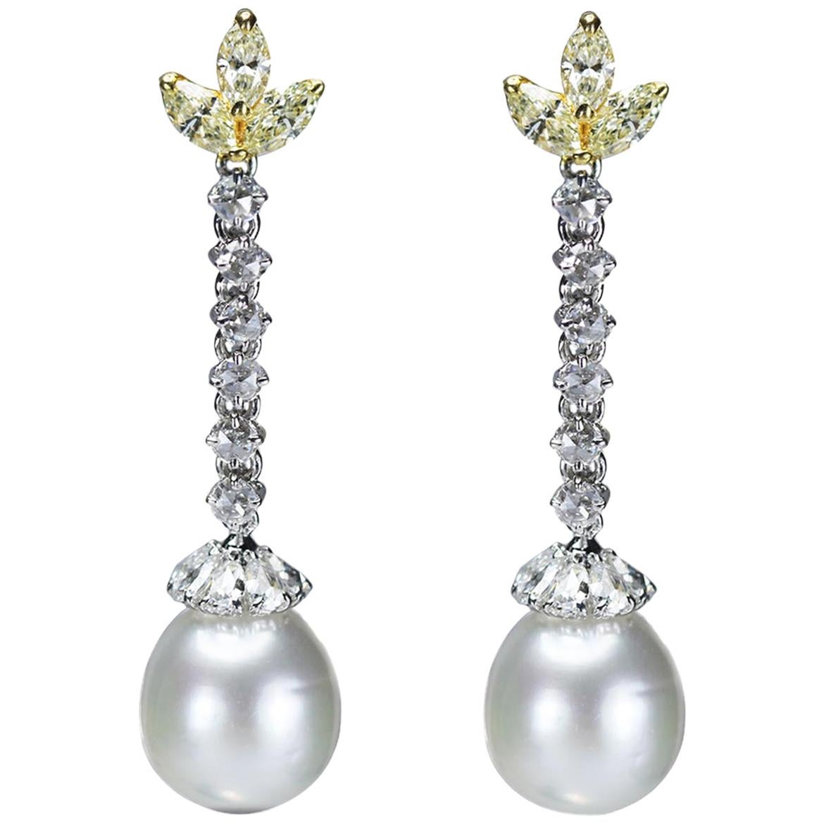 Studio Rêves Rose cut Diamonds and South Sea Pearls Earrings in 18 Karat Gold For Sale