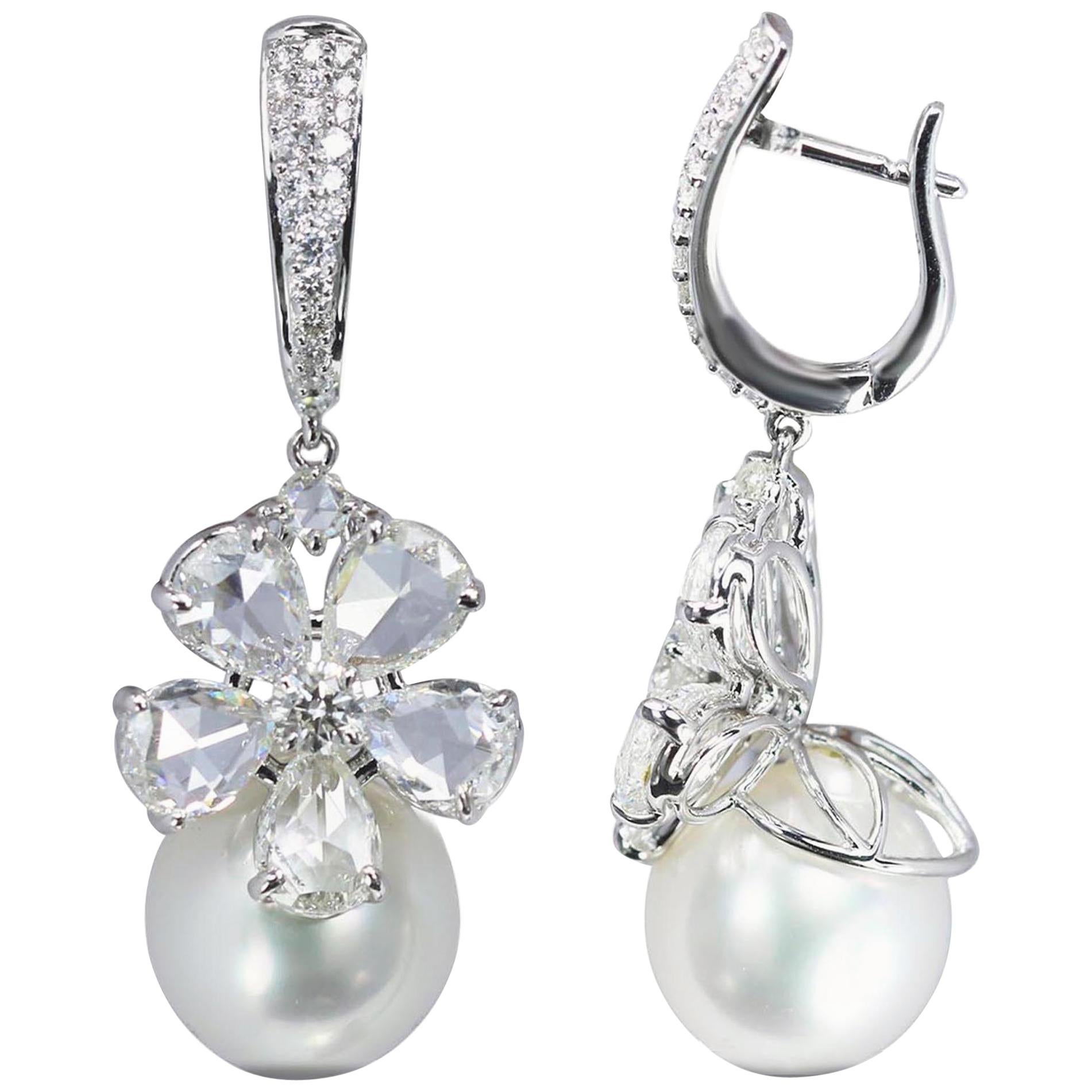 Studio Rêves Rose cut Diamonds and South Sea Pearls Earrings in 18K Gold For Sale