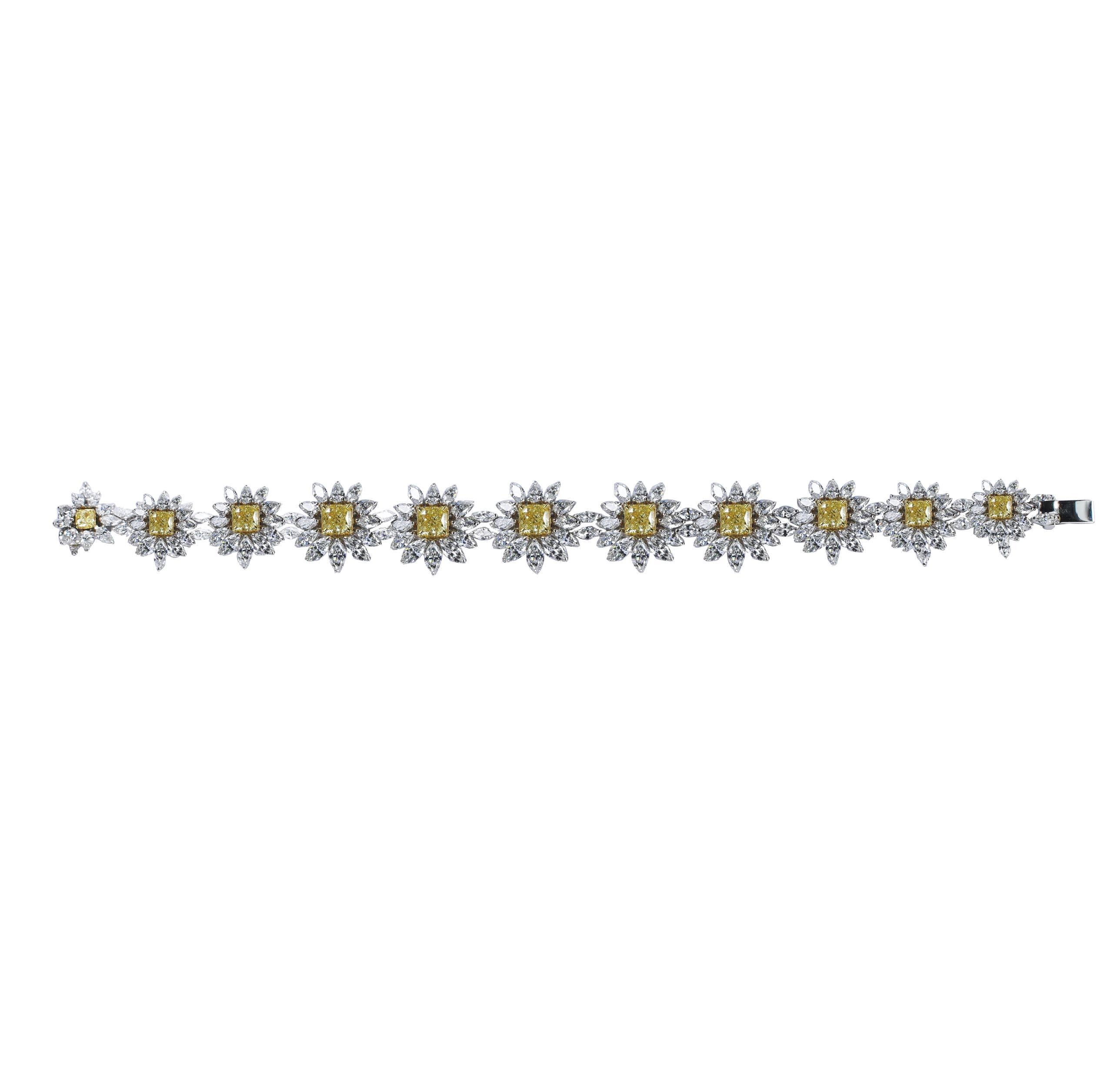 Yellow cushion cut and white diamonds Tennis Bracelet

Bask in the luxuriousness of this bracelet in 18K white gold and yellow gold adorned beautifully with rare cushion cut yellow diamonds and sparkling white marquise and pear shaped diamonds in a
