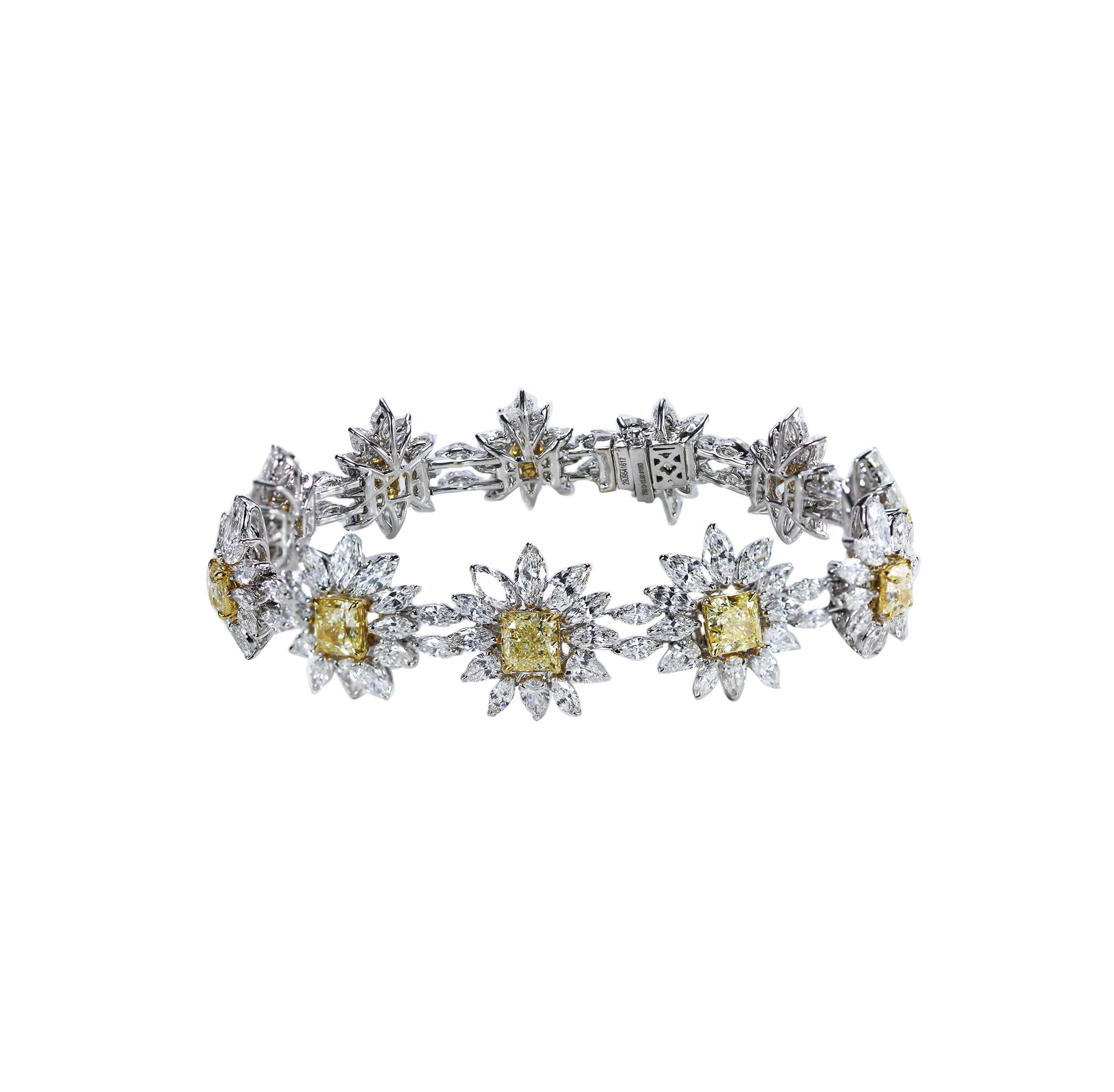 Studio Rêves Yellow Cushion cut and Diamonds Floral Tennis Bracelet in 18K Gold For Sale