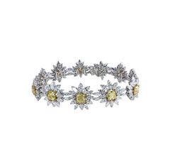 Studio Rêves Yellow Cushion cut and Diamonds Floral Tennis Bracelet in 18K Gold