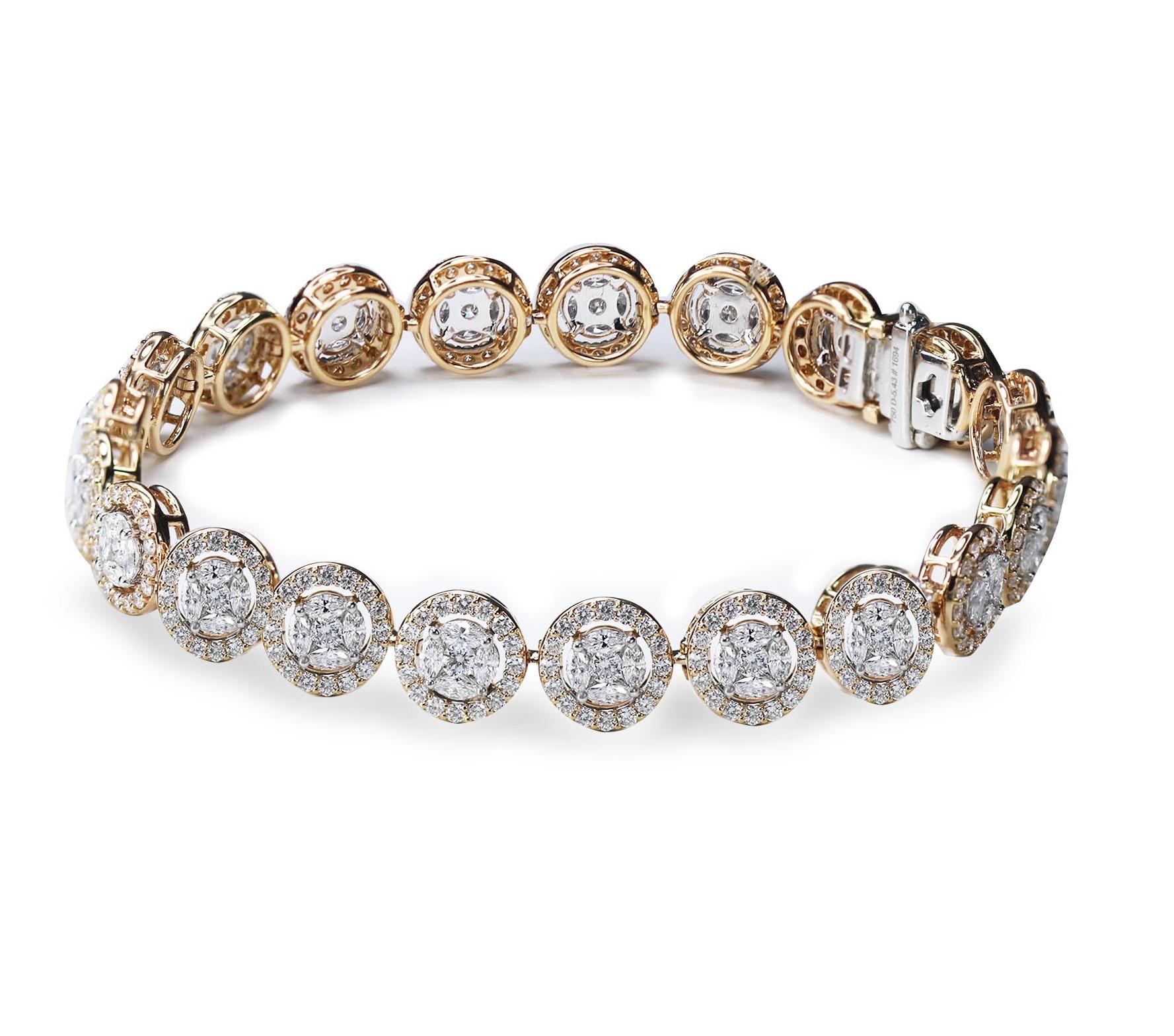 Modern Studio Rêves 18K Rose and White Gold Mosaic Marquise Diamond Tennis Bracelet For Sale