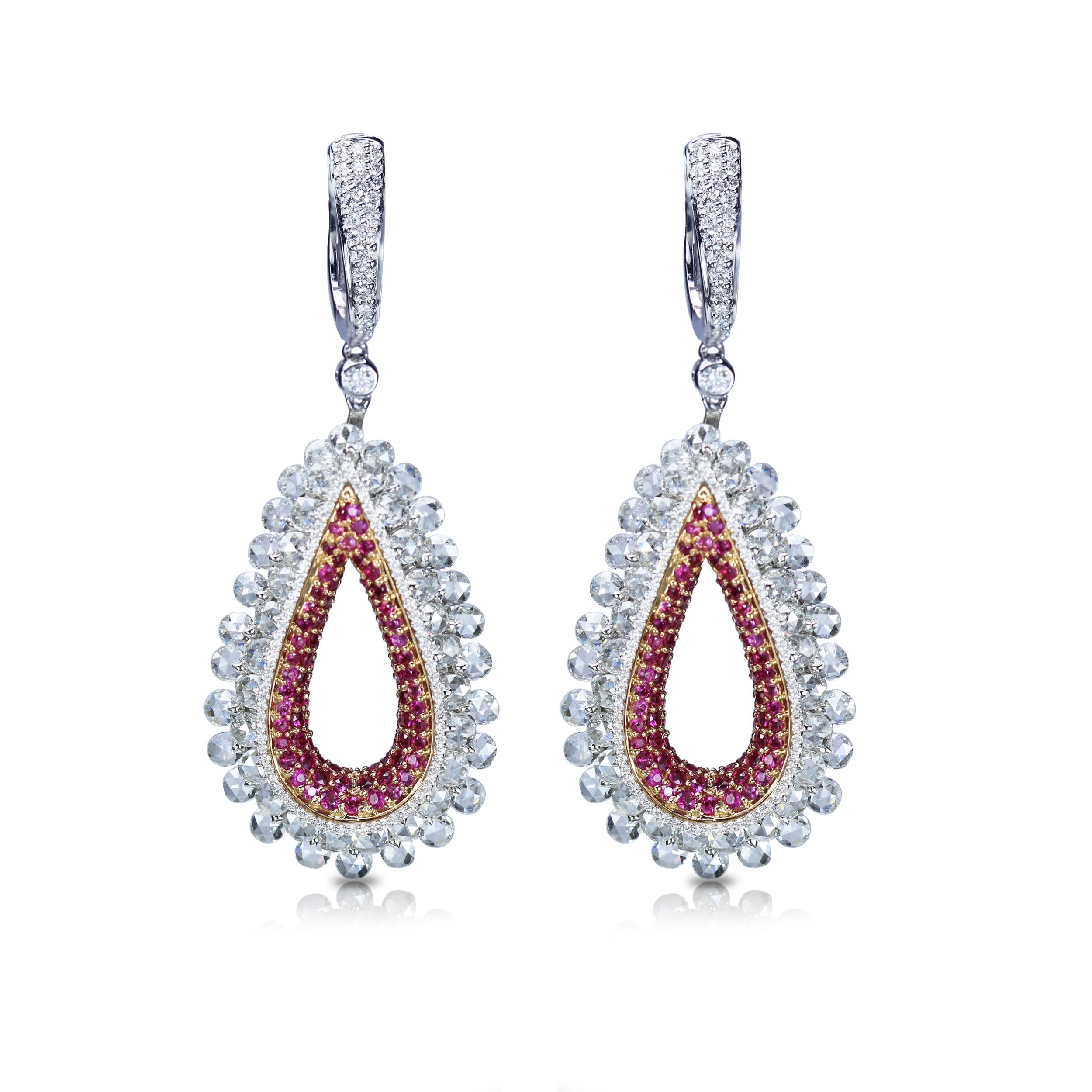 F-G/ VVS-VS-SI brilliant cut and rosecut diamond and pink sapphire earrings

This teardrop-shaped pair of 18K white gold and rose gold earrings featuring F-G/ VVS-VS-SI brilliant cut and rosecut diamonds will become a treasured part of your jewelry