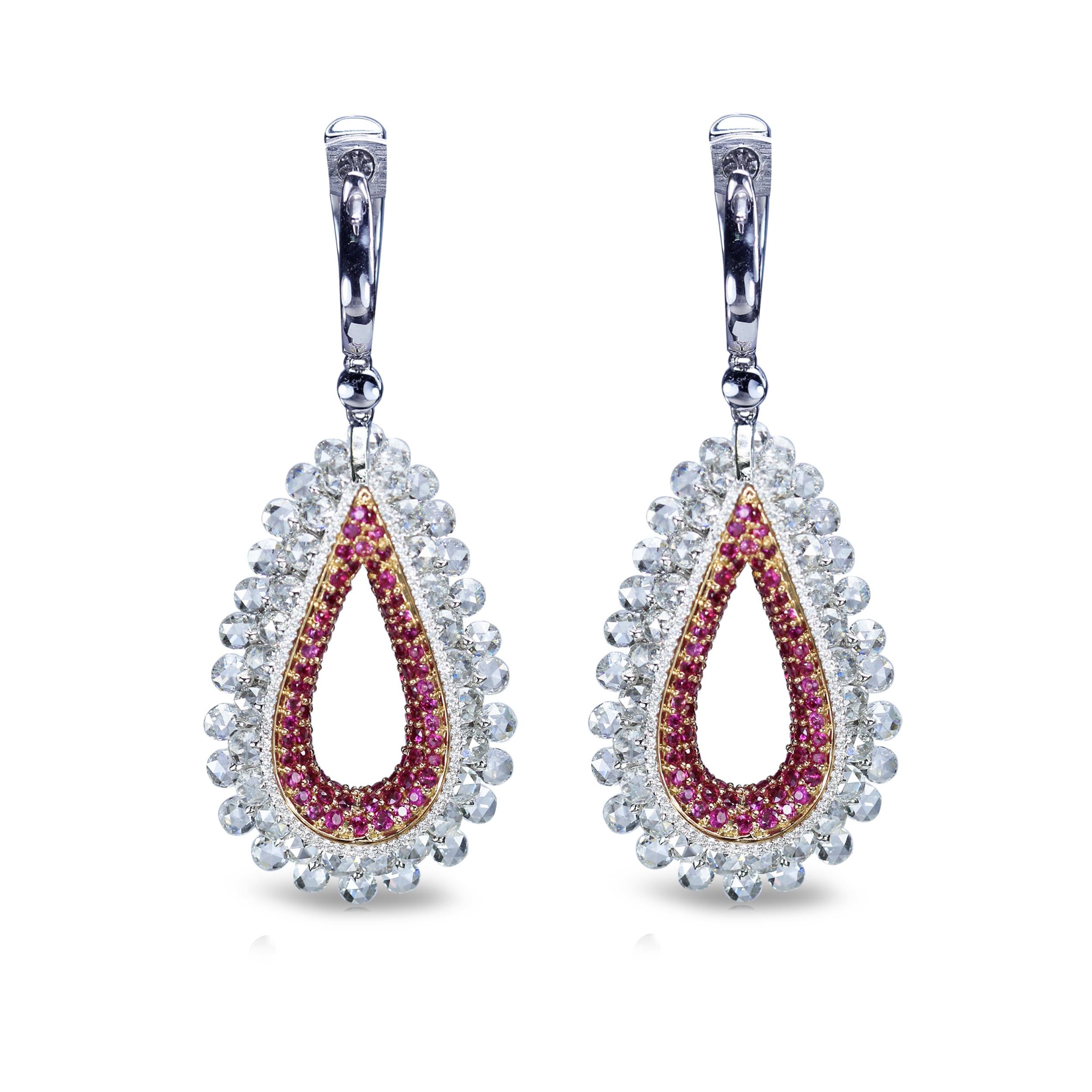 Modern Studio Rêves 18K Rose cut Diamond and Pink Sapphire Tear Drop Dangling Earrings For Sale