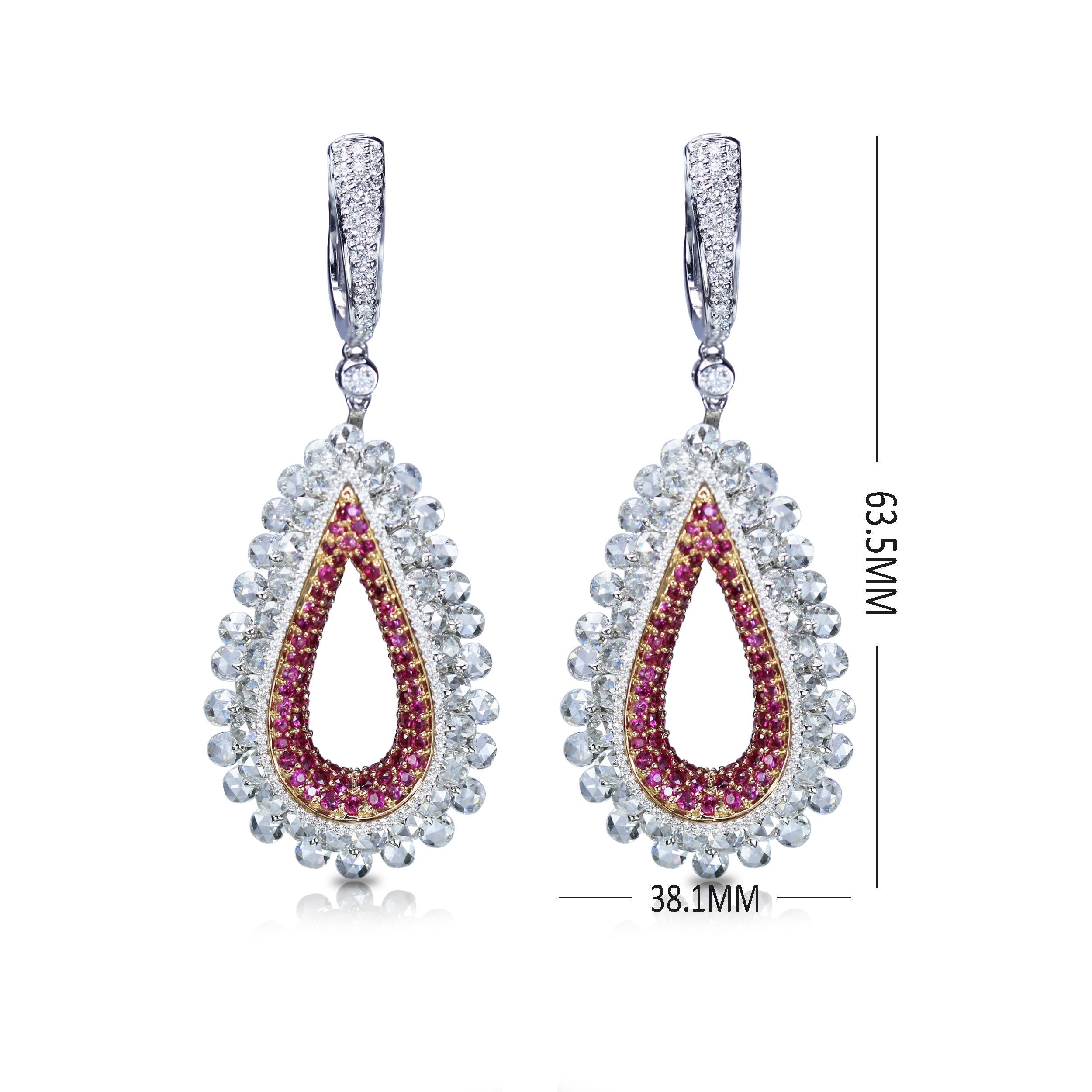 Rose Cut Studio Rêves 18K Rose cut Diamond and Pink Sapphire Tear Drop Dangling Earrings For Sale