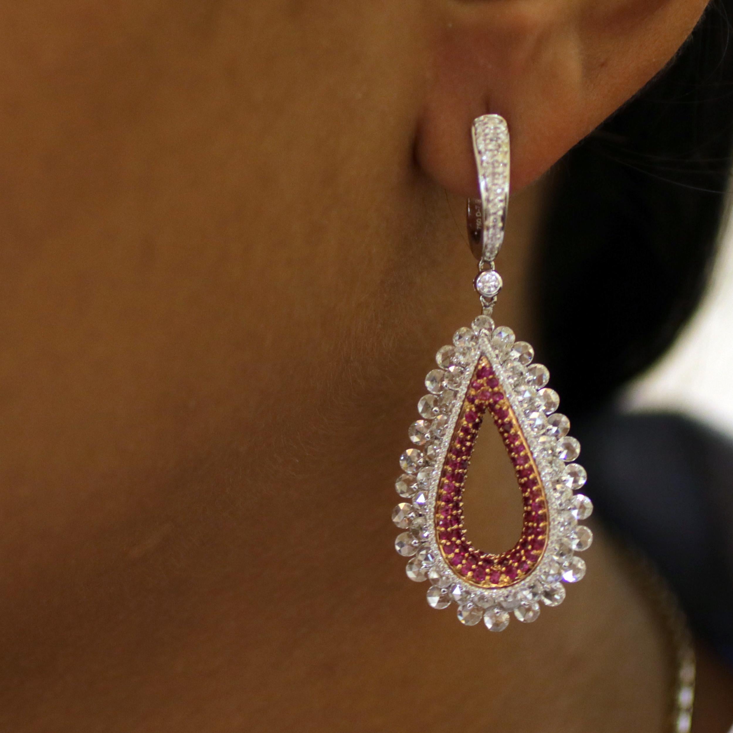 Studio Rêves 18K Rose cut Diamond and Pink Sapphire Tear Drop Dangling Earrings In New Condition For Sale In Mumbai, Maharashtra